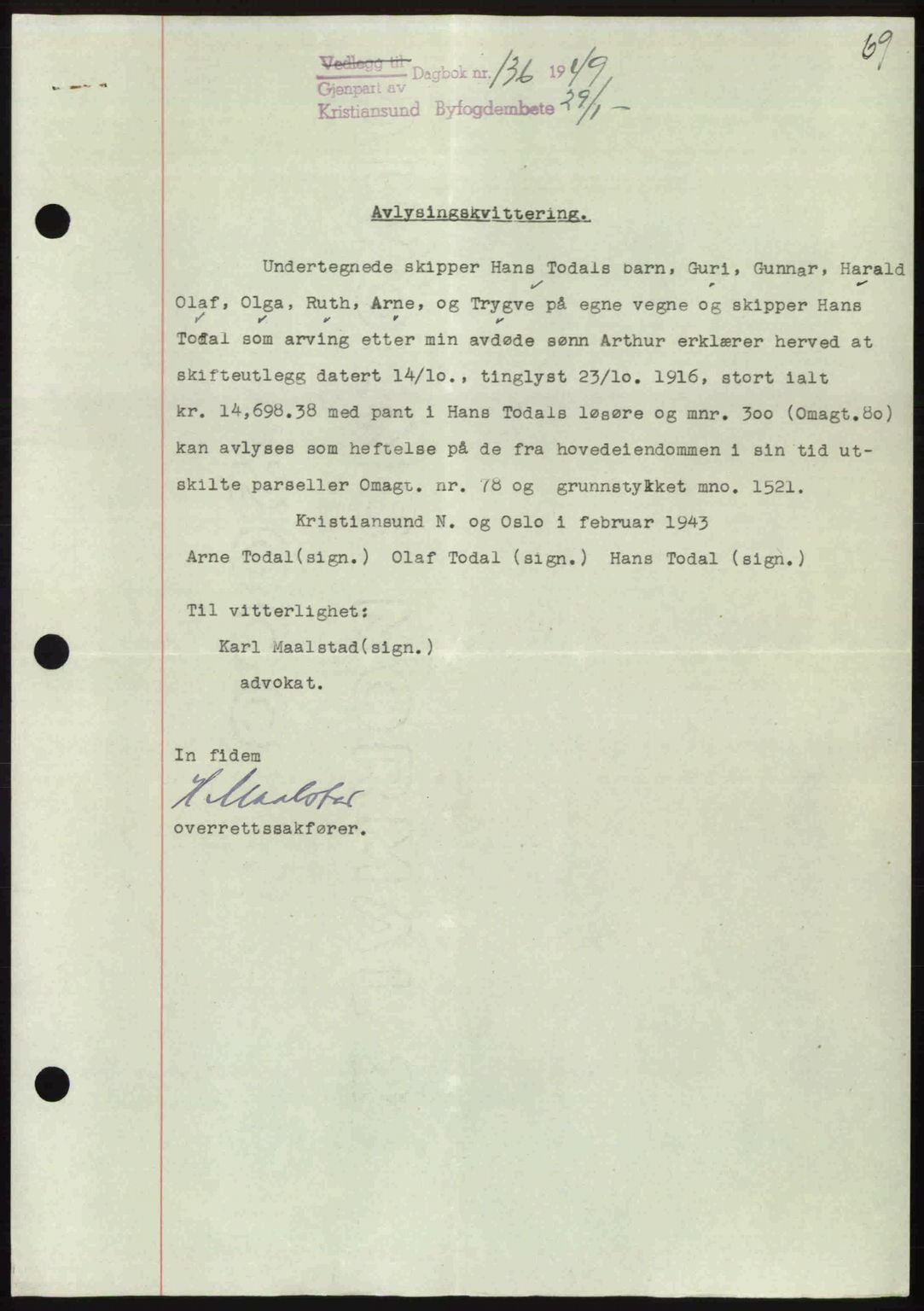 Kristiansund byfogd, AV/SAT-A-4587/A/27: Mortgage book no. 45, 1948-1949, Diary no: : 136/1949