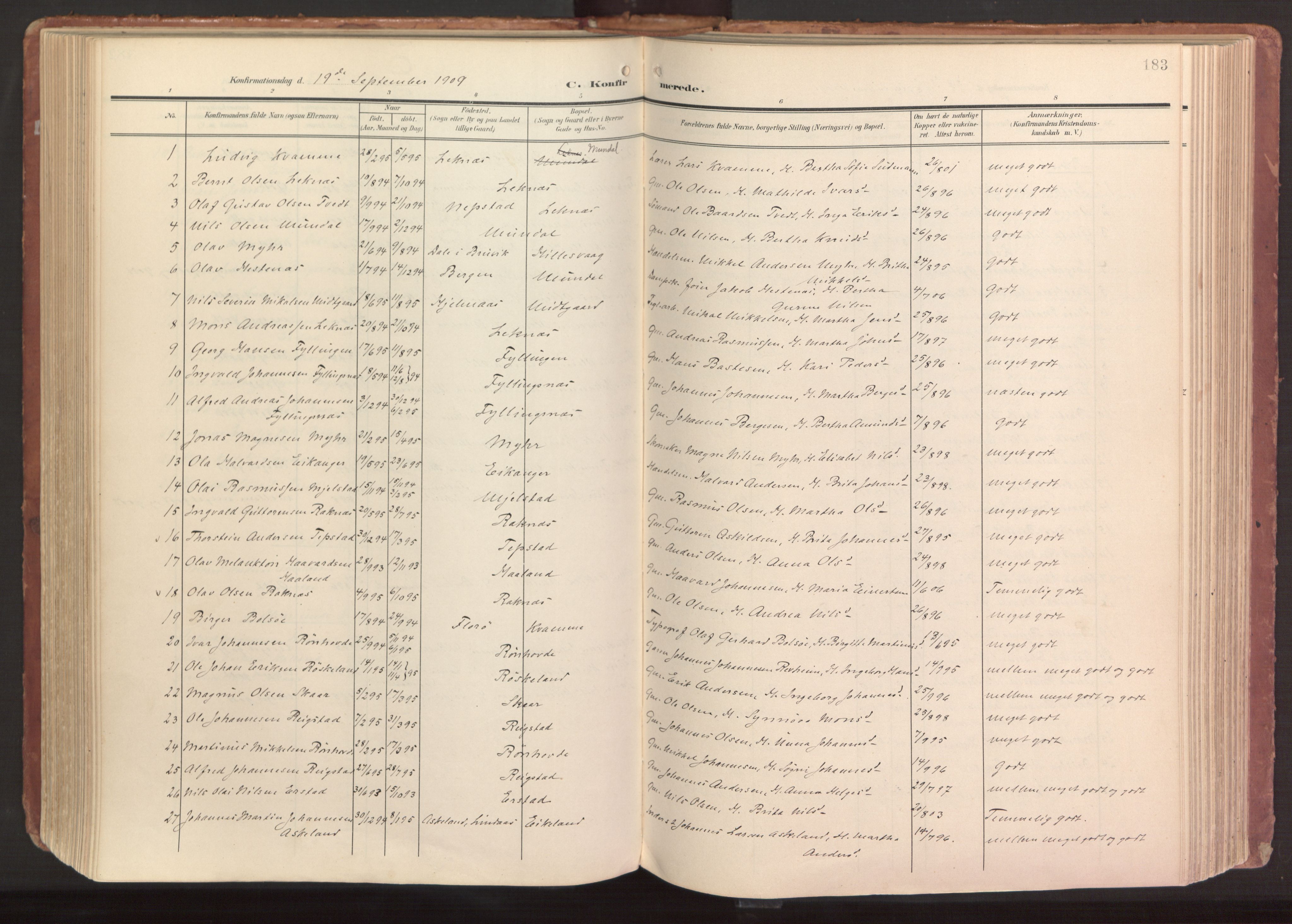 Hamre sokneprestembete, AV/SAB-A-75501/H/Ha/Haa/Haab/L0002: Parish register (official) no. B 2, 1905-1924, p. 183