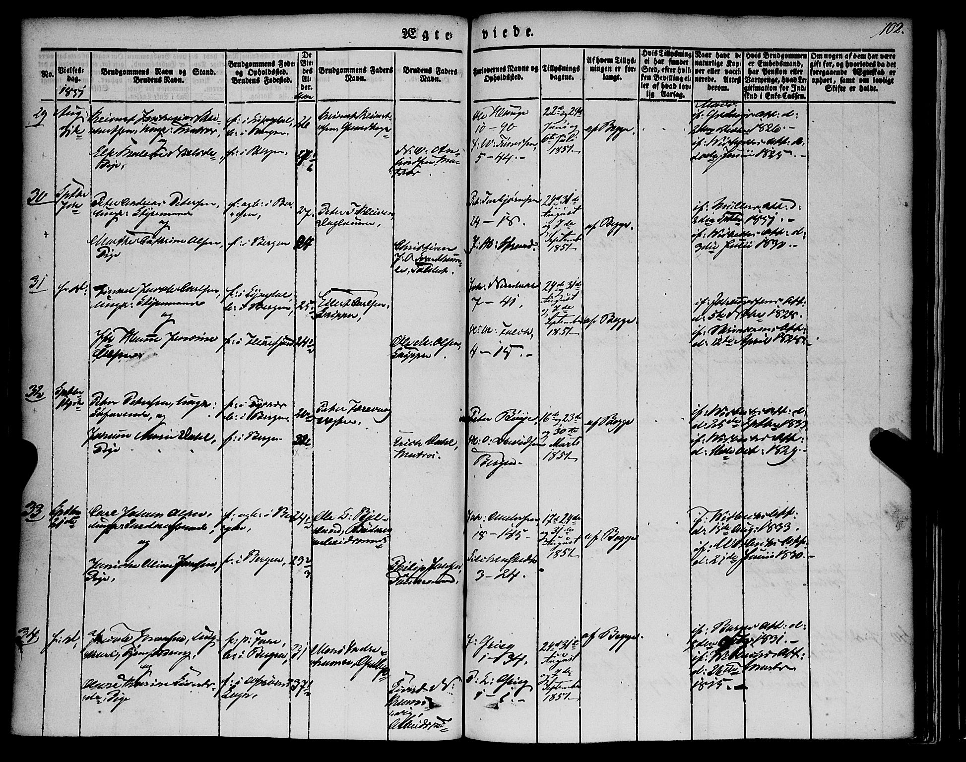 Nykirken Sokneprestembete, AV/SAB-A-77101/H/Haa/L0031: Parish register (official) no. D 1, 1834-1861, p. 102