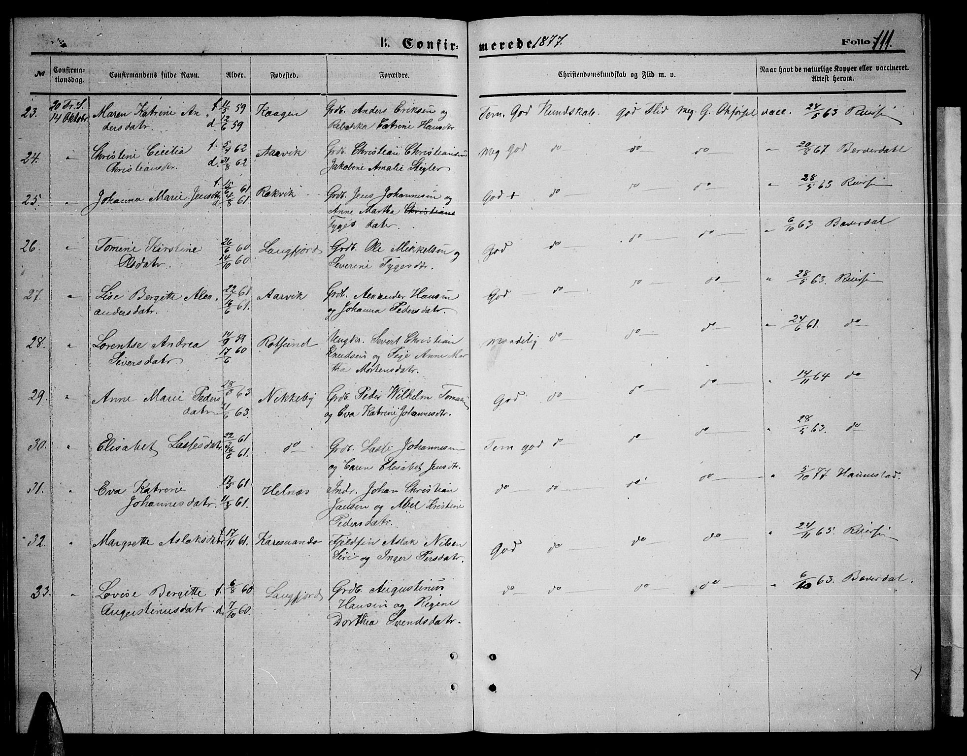 Skjervøy sokneprestkontor, AV/SATØ-S-1300/H/Ha/Hab/L0005klokker: Parish register (copy) no. 5, 1871-1877, p. 111