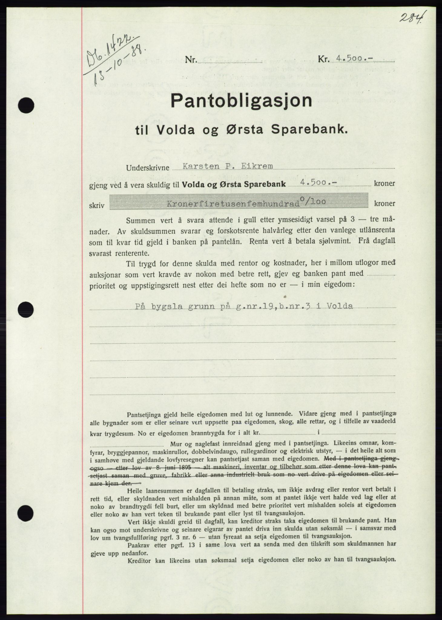 Søre Sunnmøre sorenskriveri, AV/SAT-A-4122/1/2/2C/L0066: Mortgage book no. 60, 1938-1938, Diary no: : 1422/1938