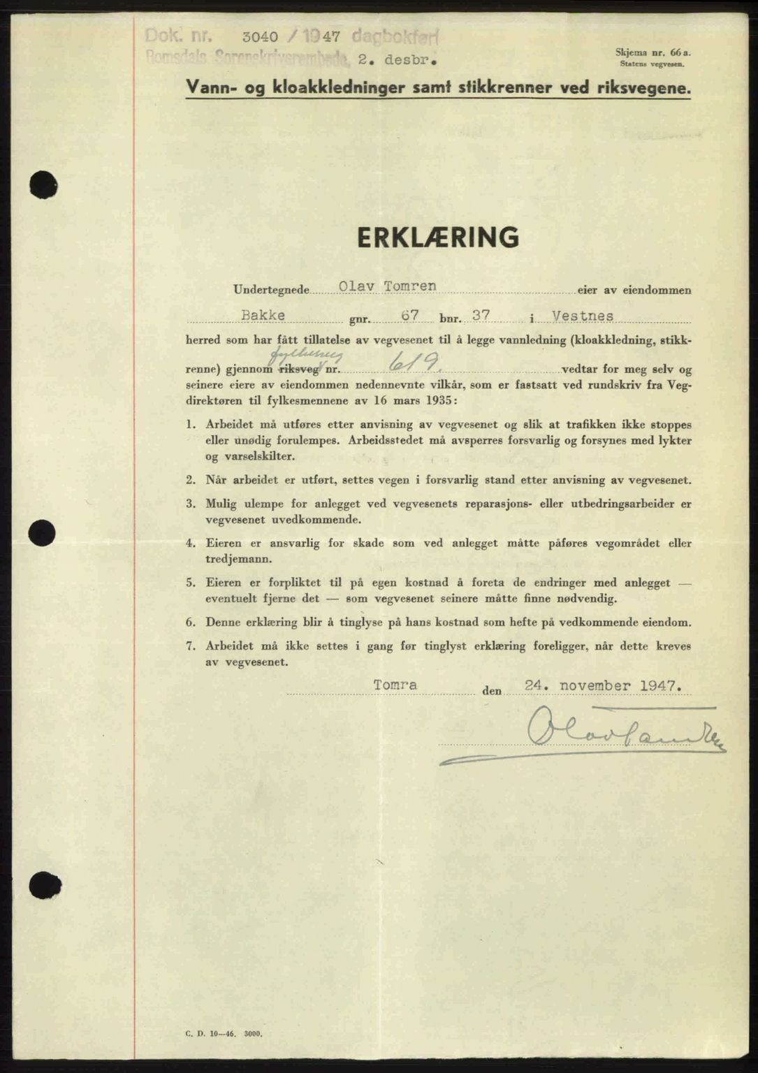 Romsdal sorenskriveri, SAT/A-4149/1/2/2C: Mortgage book no. A24, 1947-1947, Diary no: : 3040/1947