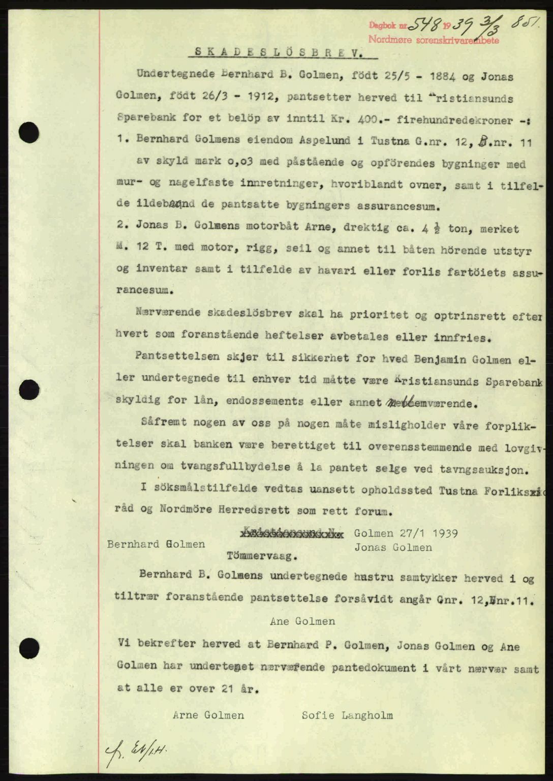 Nordmøre sorenskriveri, AV/SAT-A-4132/1/2/2Ca: Mortgage book no. B84, 1938-1939, Diary no: : 548/1939