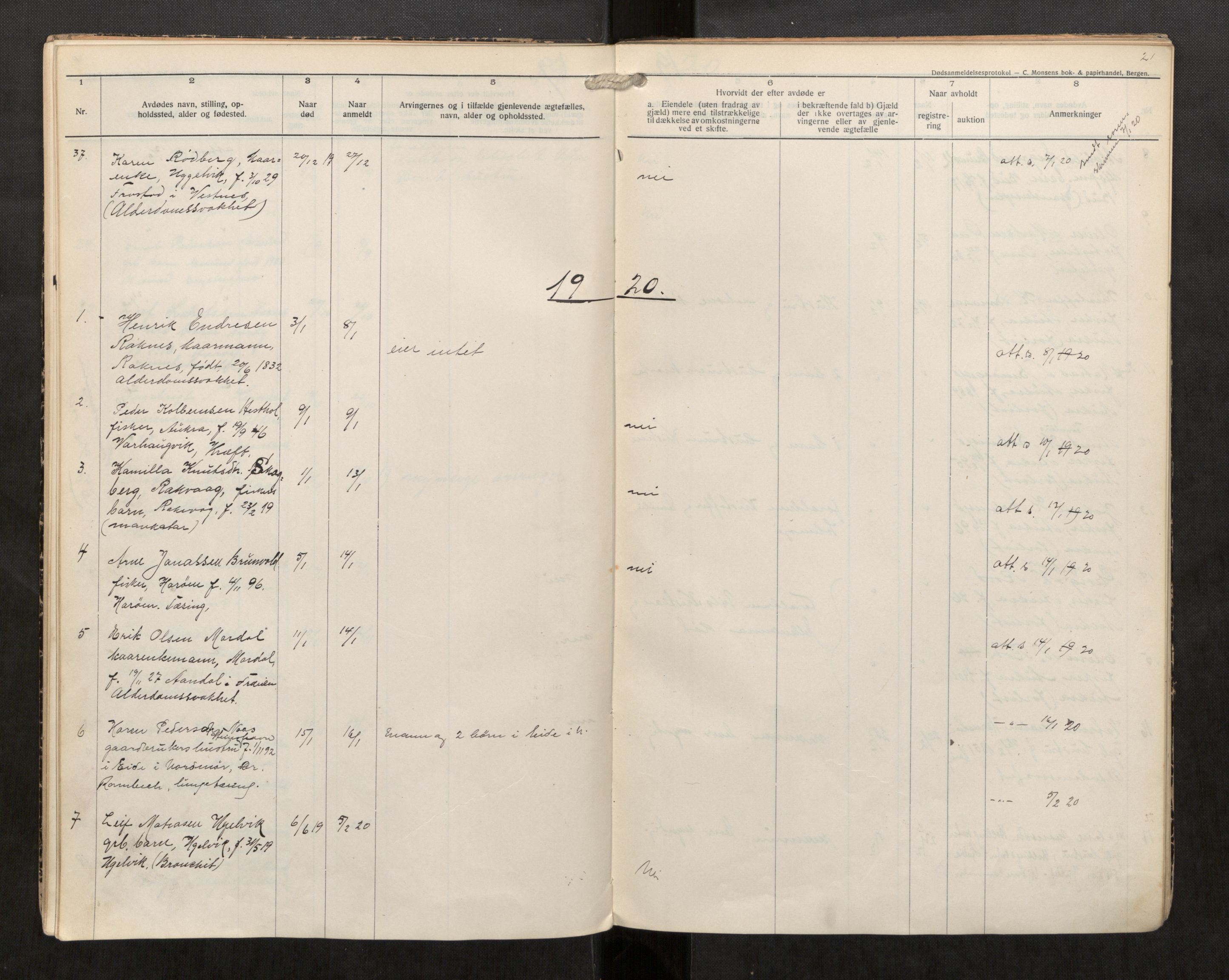 Sund lensmannskontor, AV/SAT-A-5663/02/Gh/L0001: Dødsfallsprotokoll, 1914-1926, p. 21