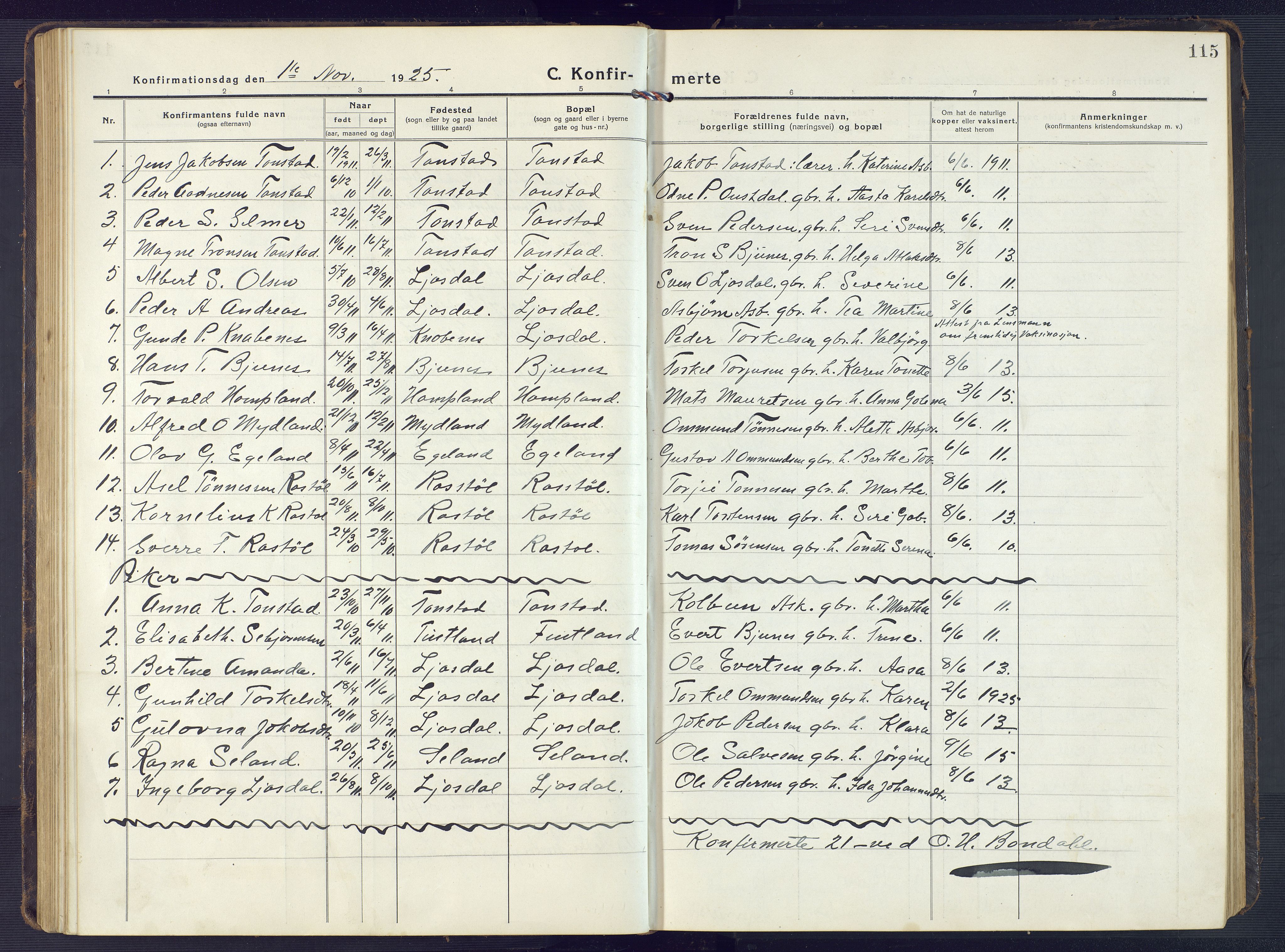 Sirdal sokneprestkontor, SAK/1111-0036/F/Fb/Fbb/L0005: Parish register (copy) no. B 5, 1916-1960, p. 115