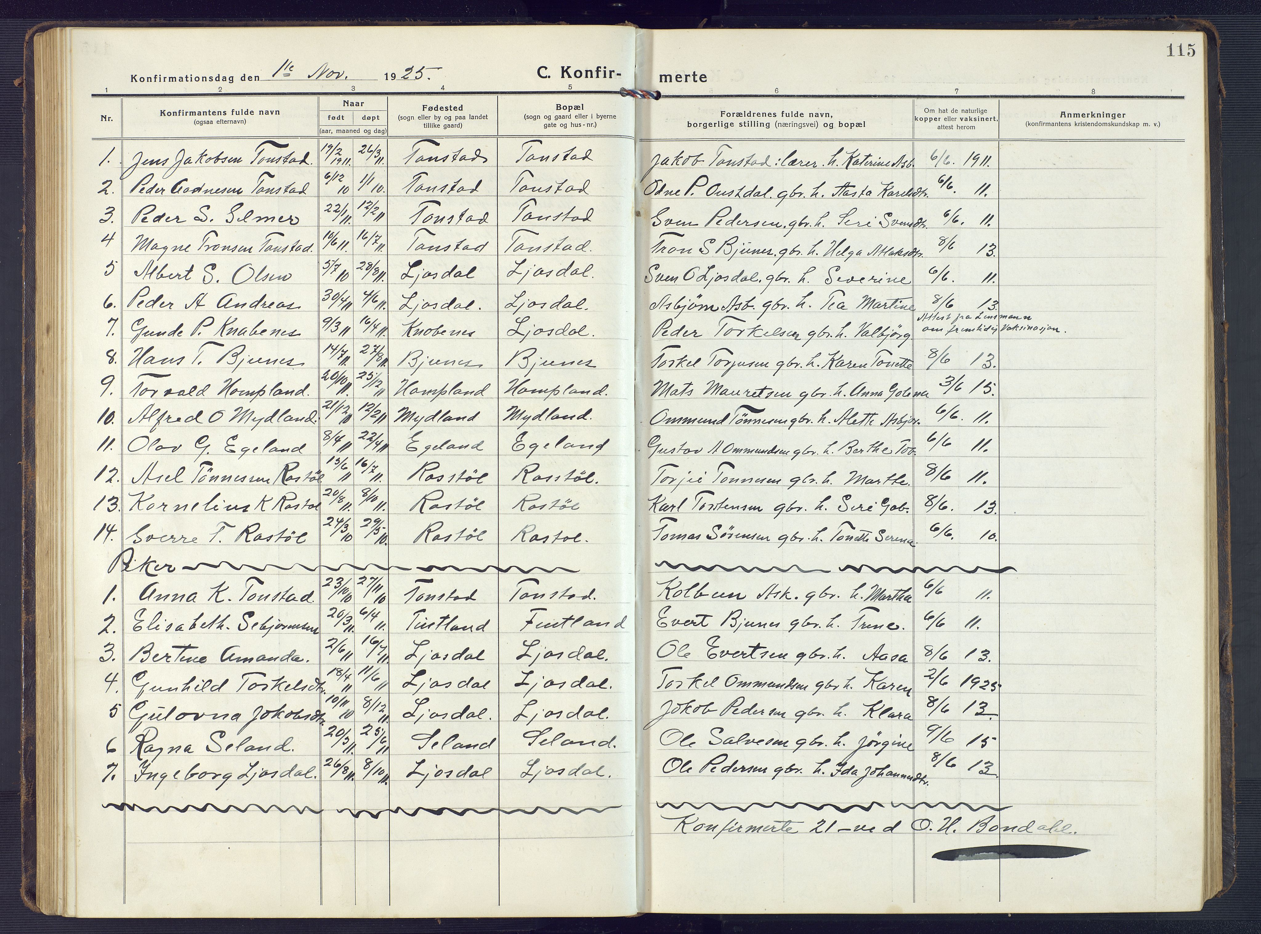 Sirdal sokneprestkontor, AV/SAK-1111-0036/F/Fb/Fbb/L0005: Parish register (copy) no. B 5, 1916-1960, p. 115