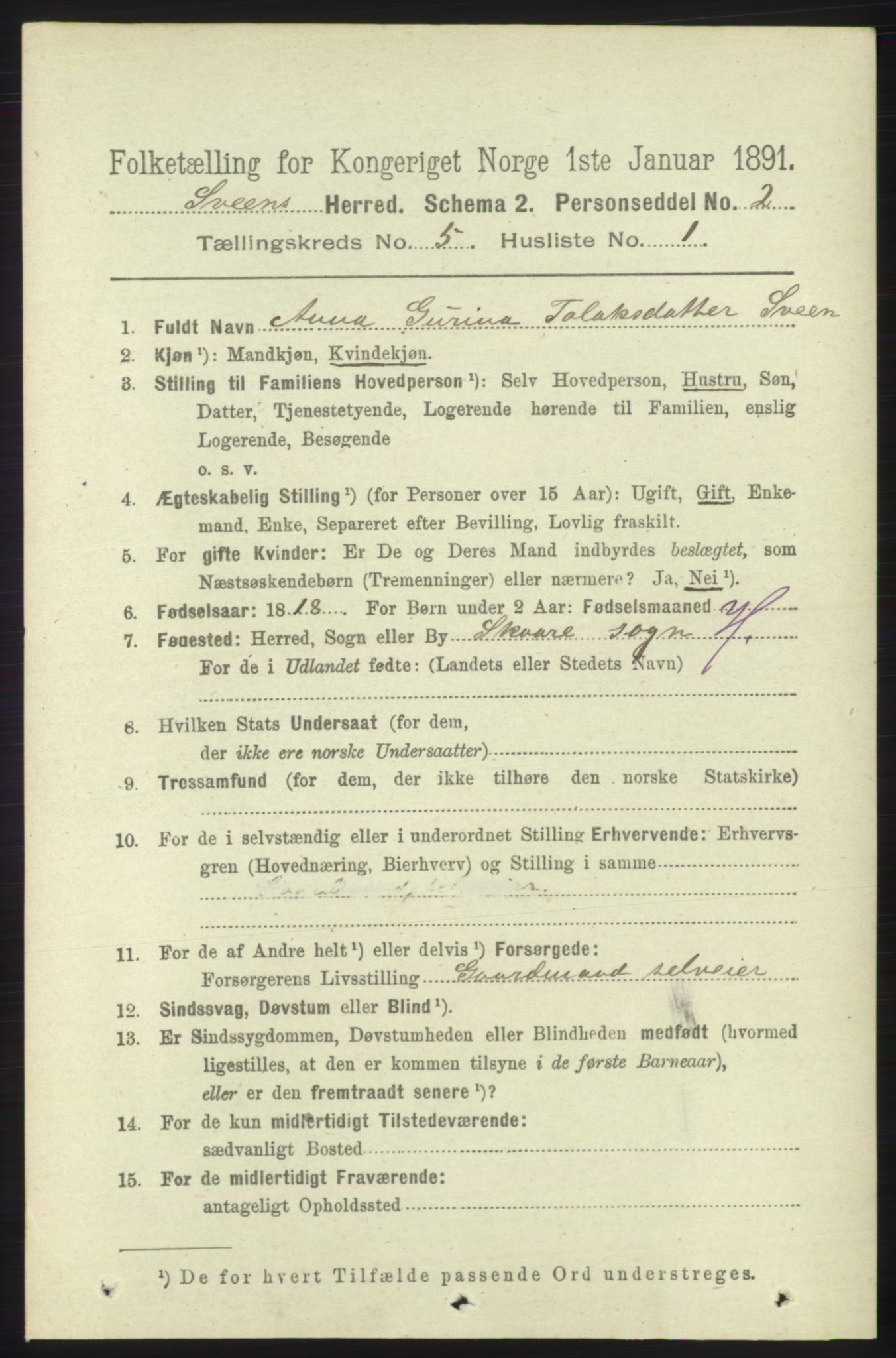 RA, 1891 census for 1216 Sveio, 1891, p. 1452