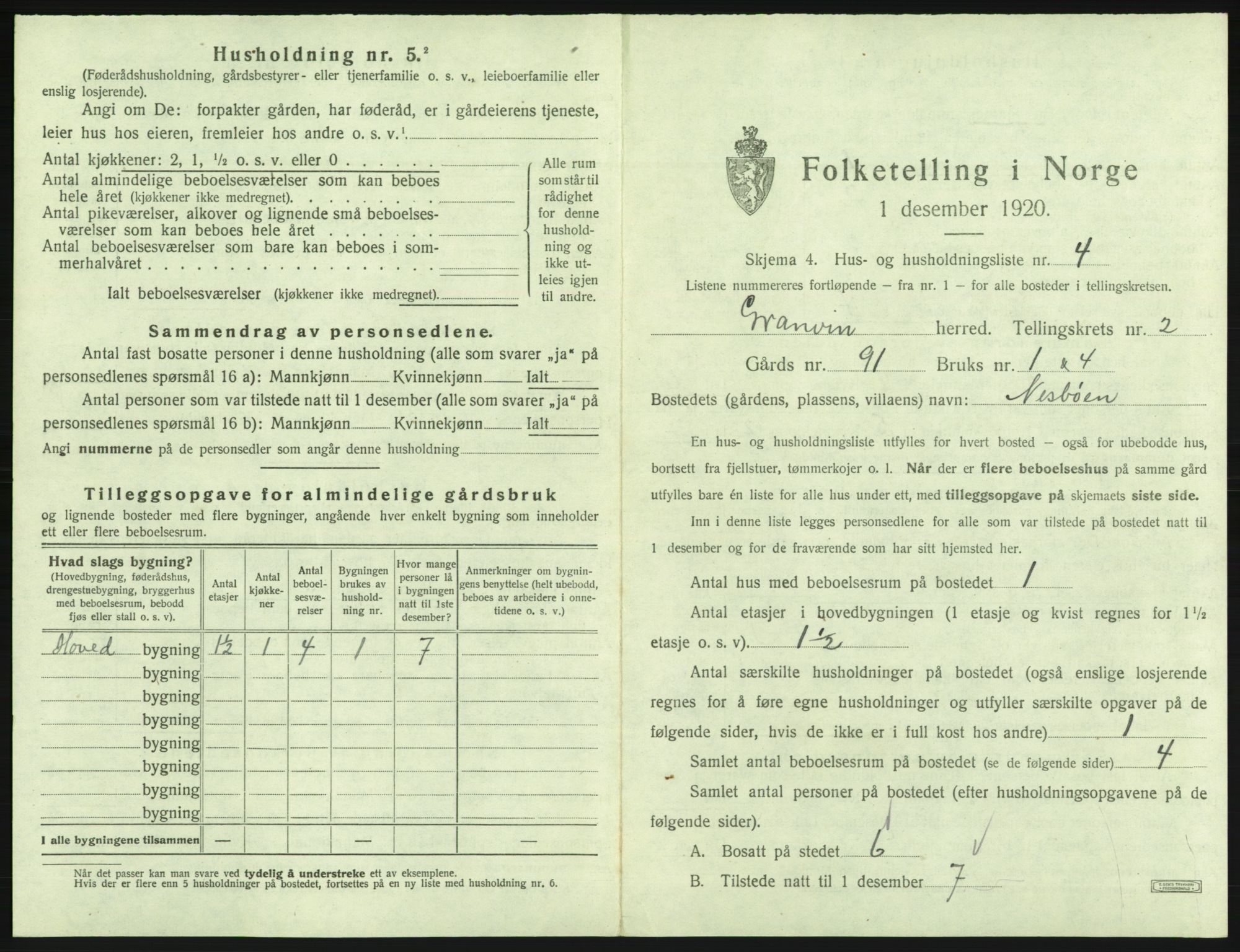 SAB, 1920 census for Granvin, 1920, p. 57