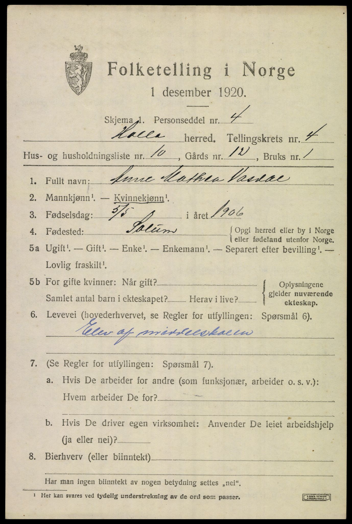 SAKO, 1920 census for Holla, 1920, p. 3731