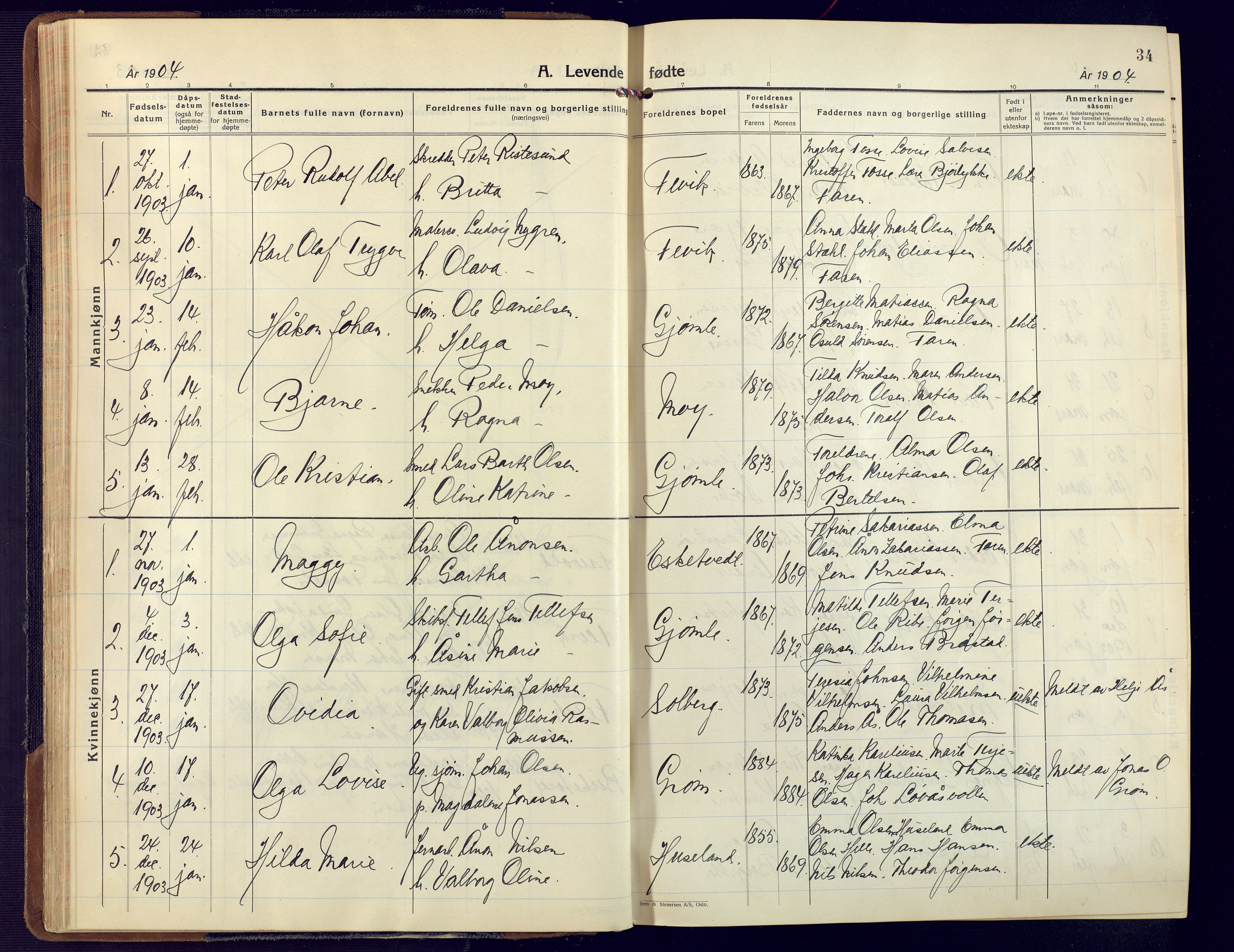 Fjære sokneprestkontor, SAK/1111-0011/F/Fa/L0004: Parish register (official) no. A 4, 1902-1925, p. 34