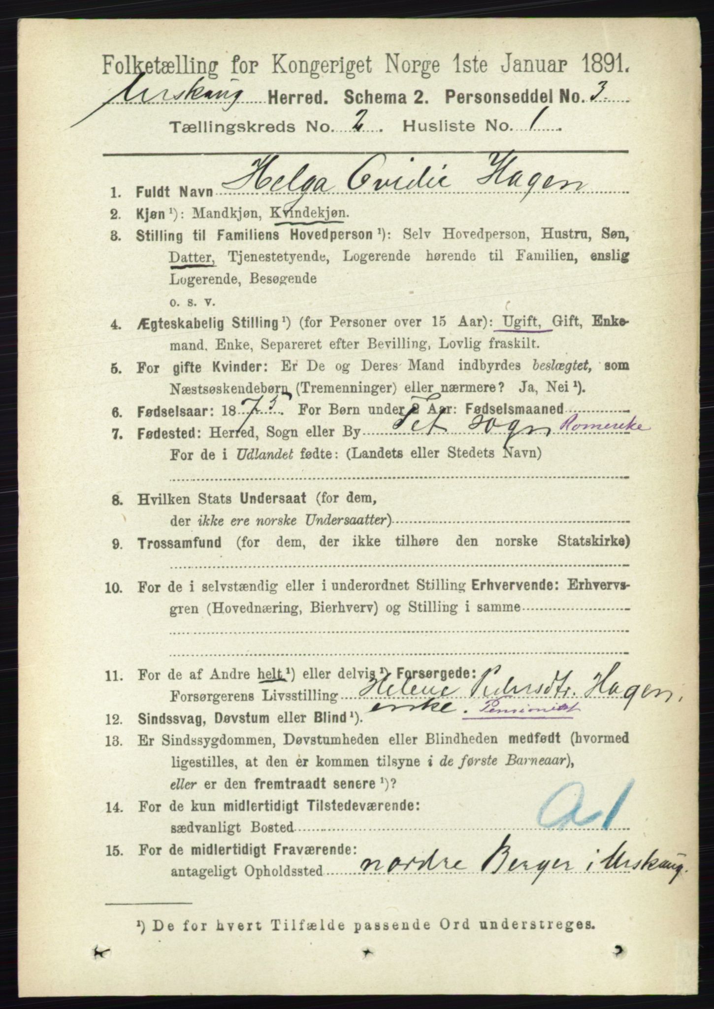 RA, 1891 census for 0224 Aurskog, 1891, p. 191