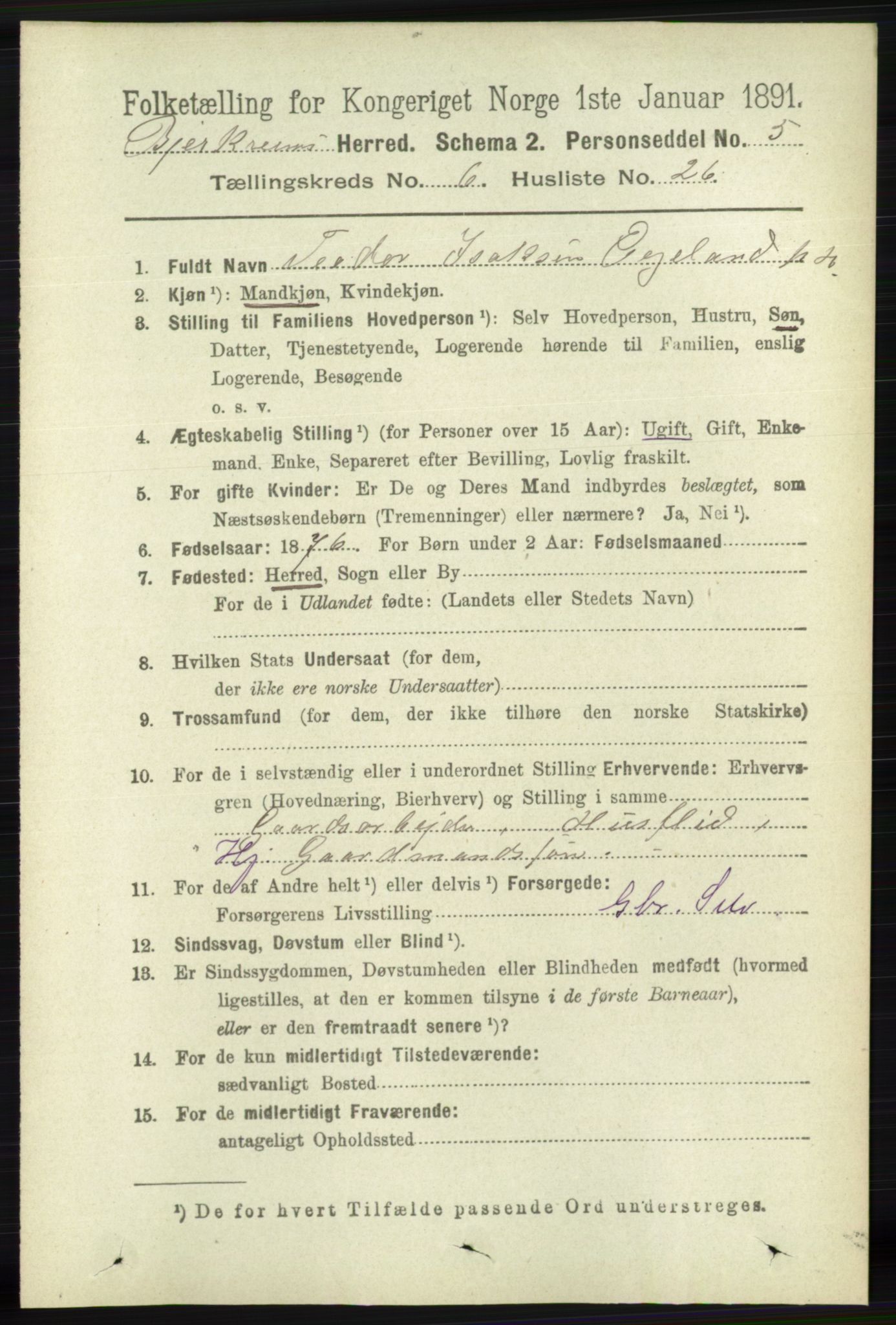 RA, 1891 census for 1114 Bjerkreim, 1891, p. 2266