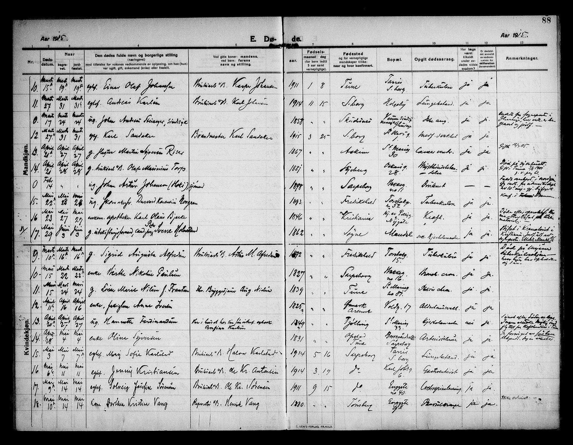 Sarpsborg prestekontor Kirkebøker, AV/SAO-A-2006/F/Fa/L0007: Parish register (official) no. 7, 1910-1918, p. 88