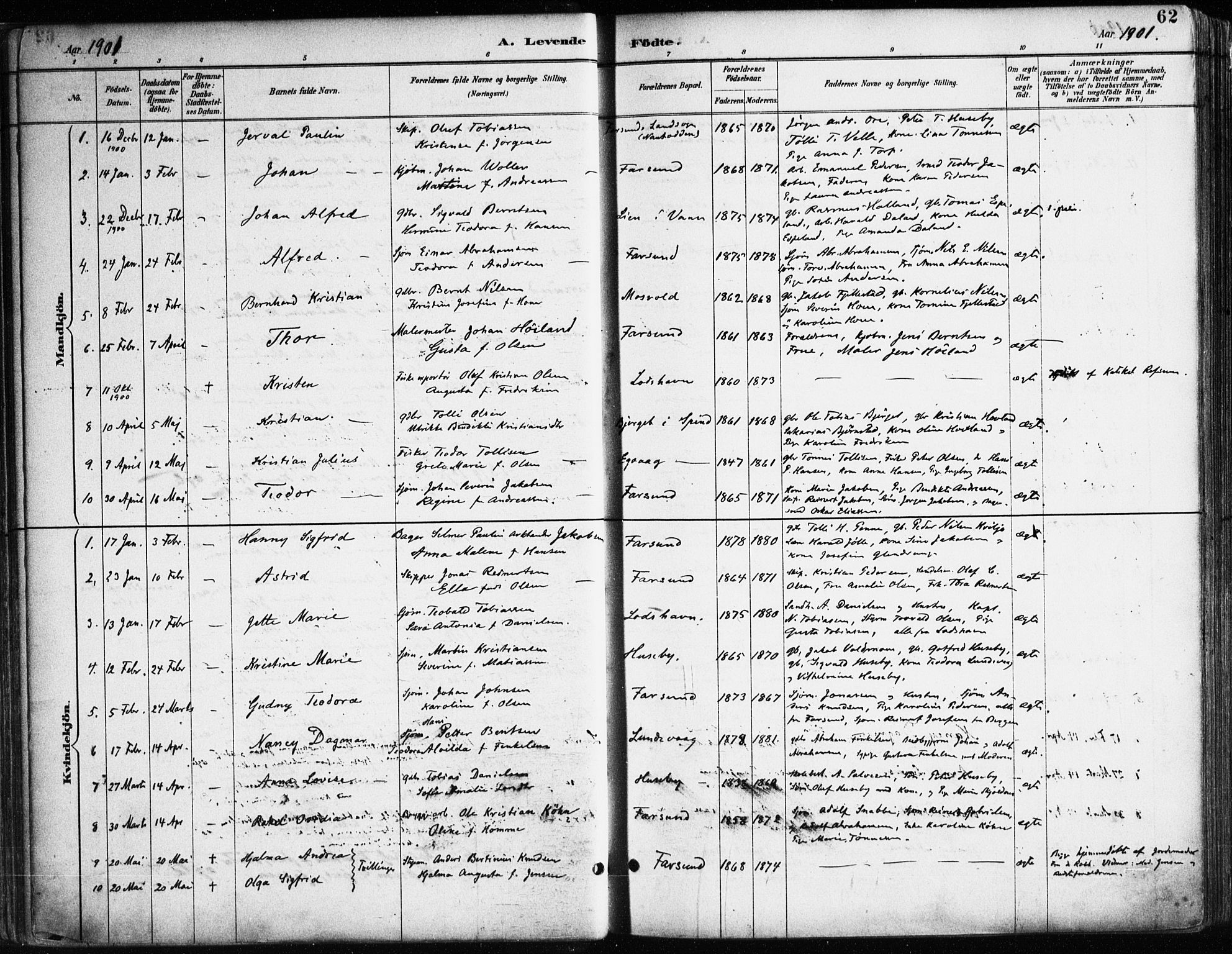 Farsund sokneprestkontor, SAK/1111-0009/F/Fa/L0006: Parish register (official) no. A 6, 1887-1920, p. 62
