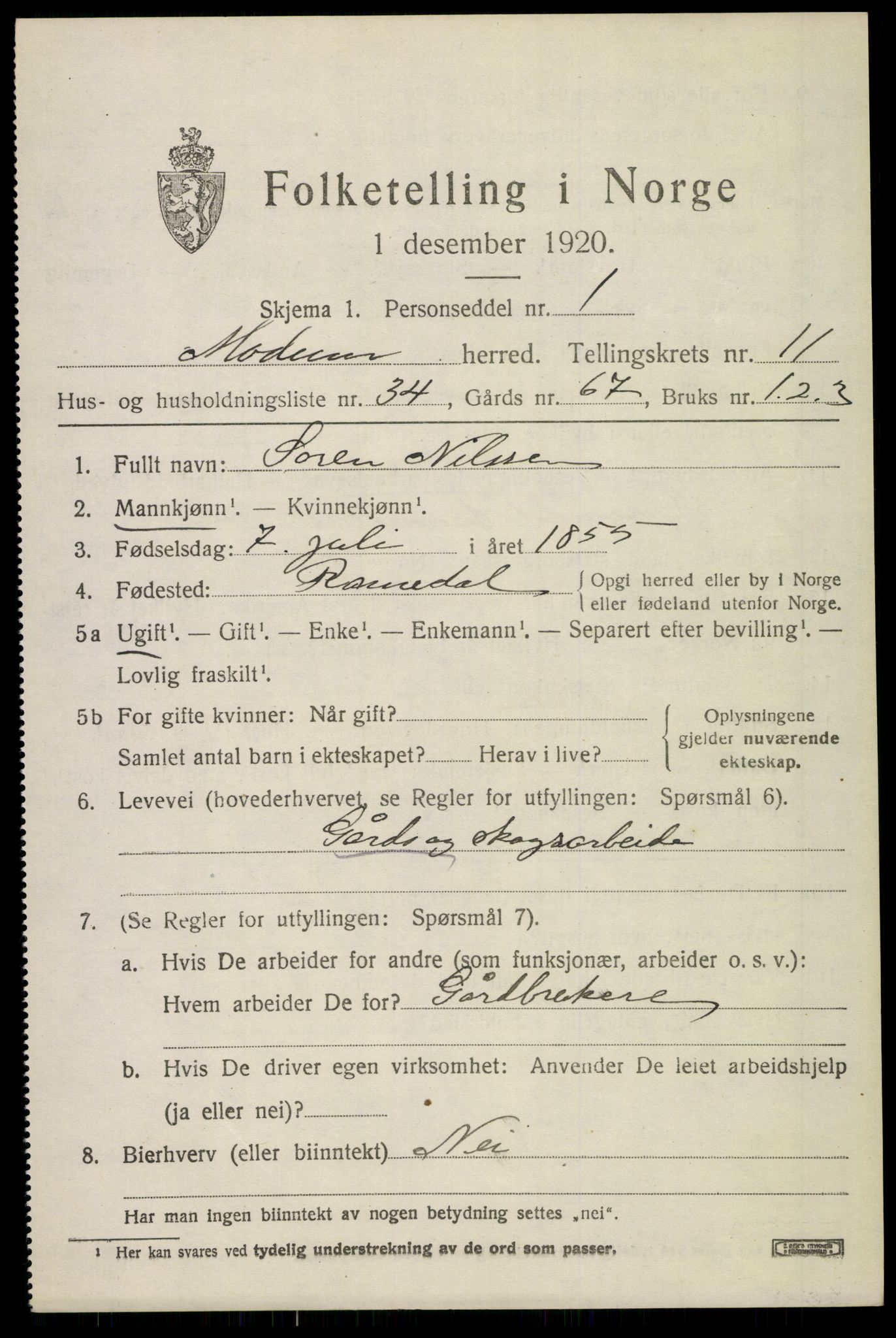 SAKO, 1920 census for Modum, 1920, p. 14091