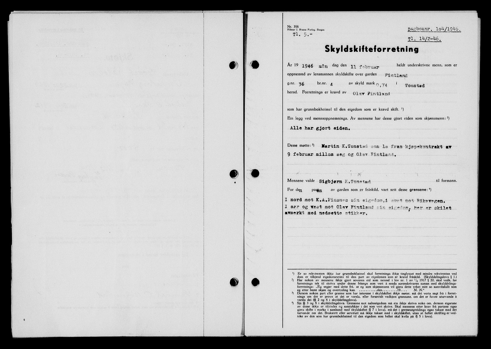 Flekkefjord sorenskriveri, SAK/1221-0001/G/Gb/Gba/L0060: Mortgage book no. A-8, 1945-1946, Diary no: : 104/1946