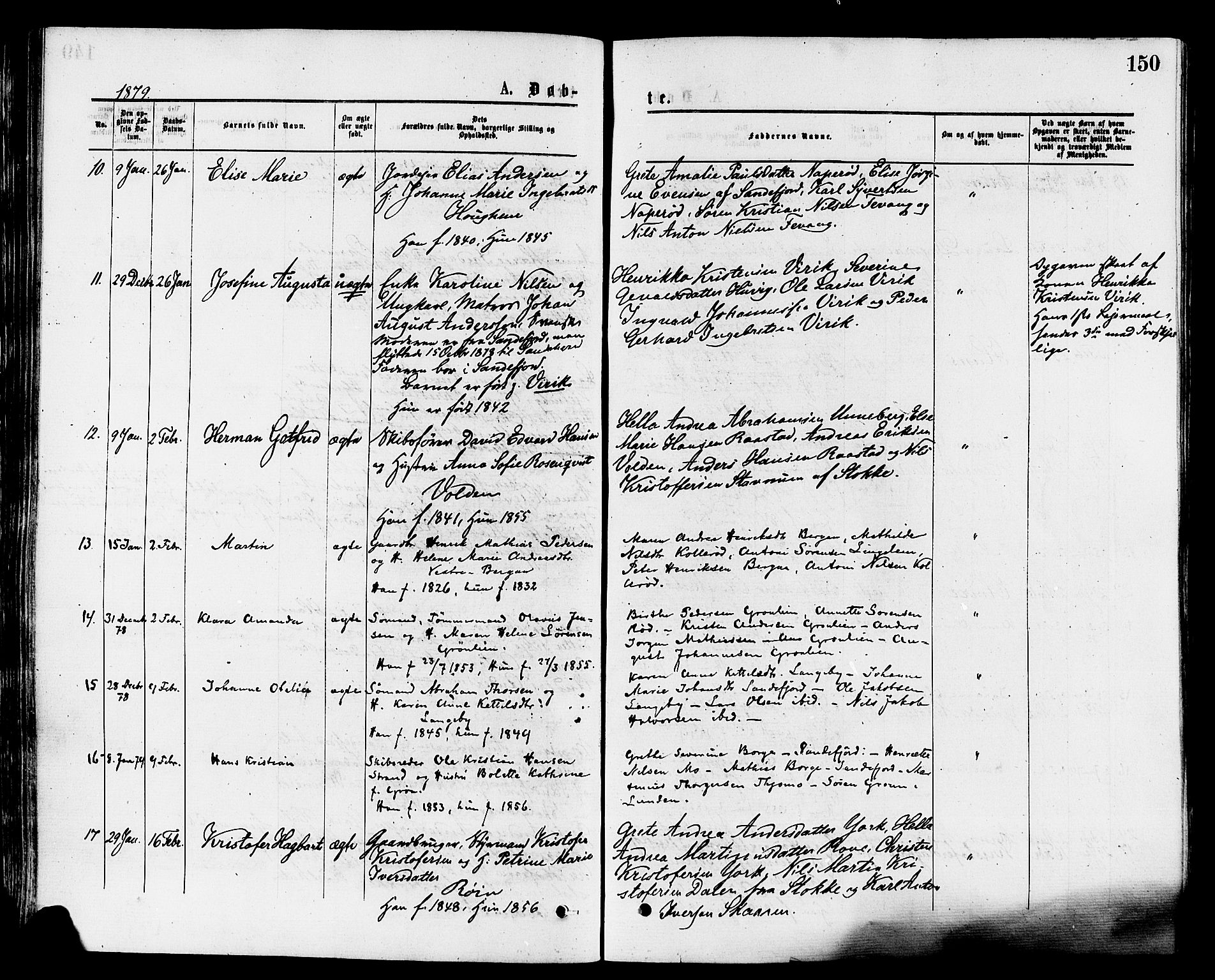 Sandar kirkebøker, SAKO/A-243/F/Fa/L0010: Parish register (official) no. 10, 1872-1882, p. 150