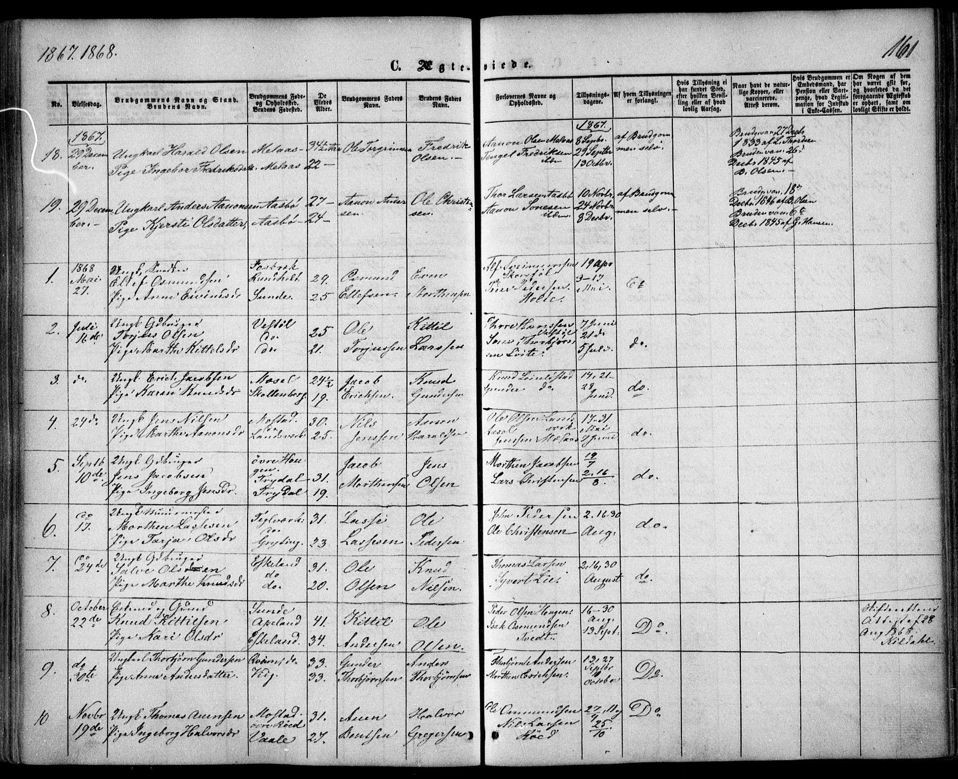 Gjerstad sokneprestkontor, SAK/1111-0014/F/Fa/Faa/L0007: Parish register (official) no. A 7, 1858-1875, p. 161