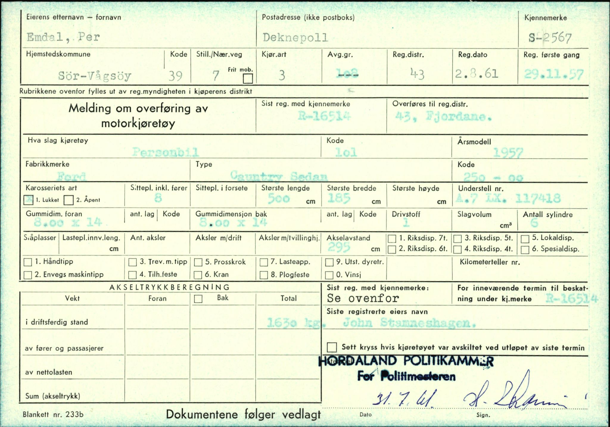 Statens vegvesen, Sogn og Fjordane vegkontor, AV/SAB-A-5301/4/F/L0004: Registerkort utmeldte Fjordane S2500-2700, S7200-7899, 1930-1961, p. 101