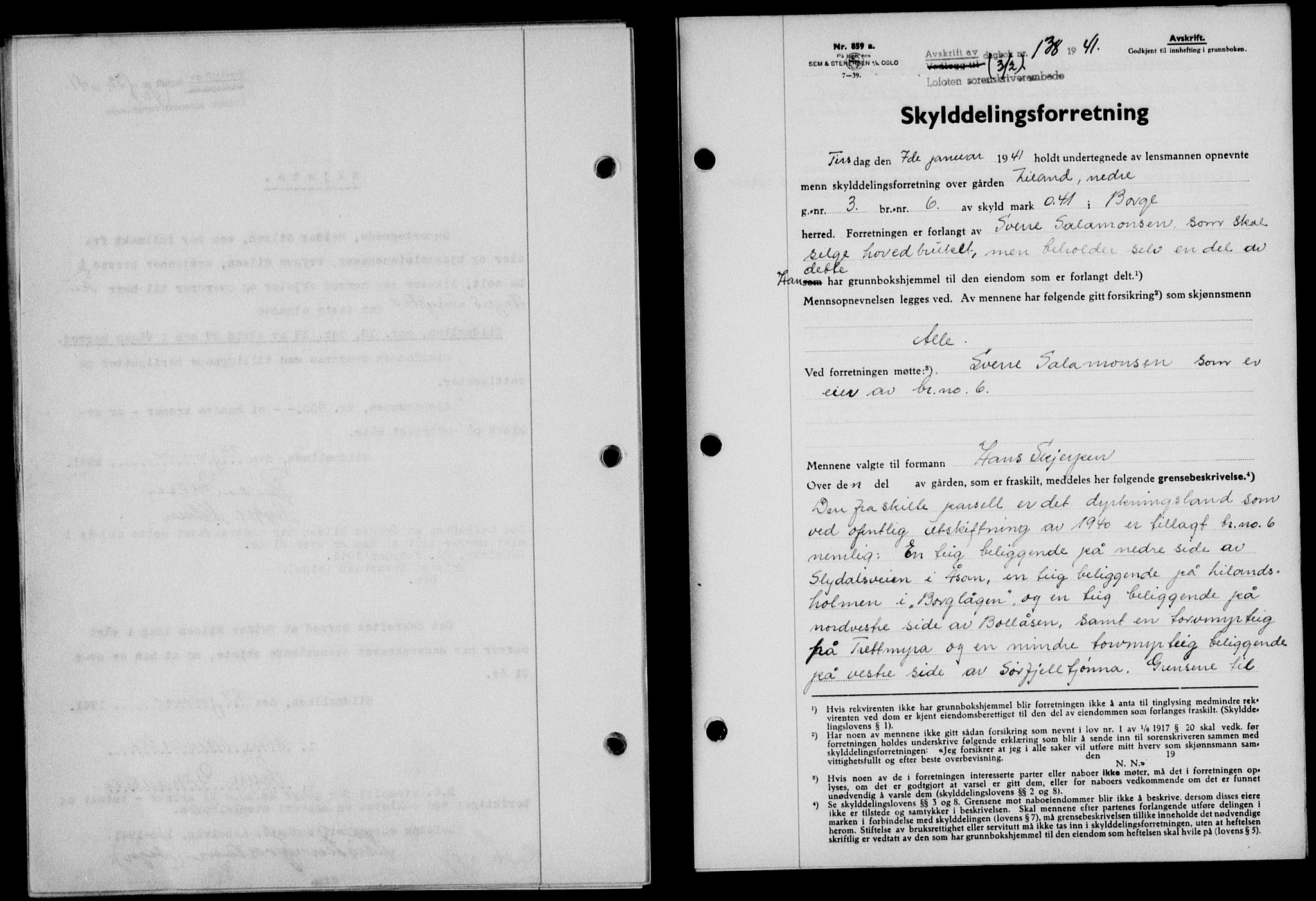 Lofoten sorenskriveri, SAT/A-0017/1/2/2C/L0008a: Mortgage book no. 8a, 1940-1941, Diary no: : 138/1941