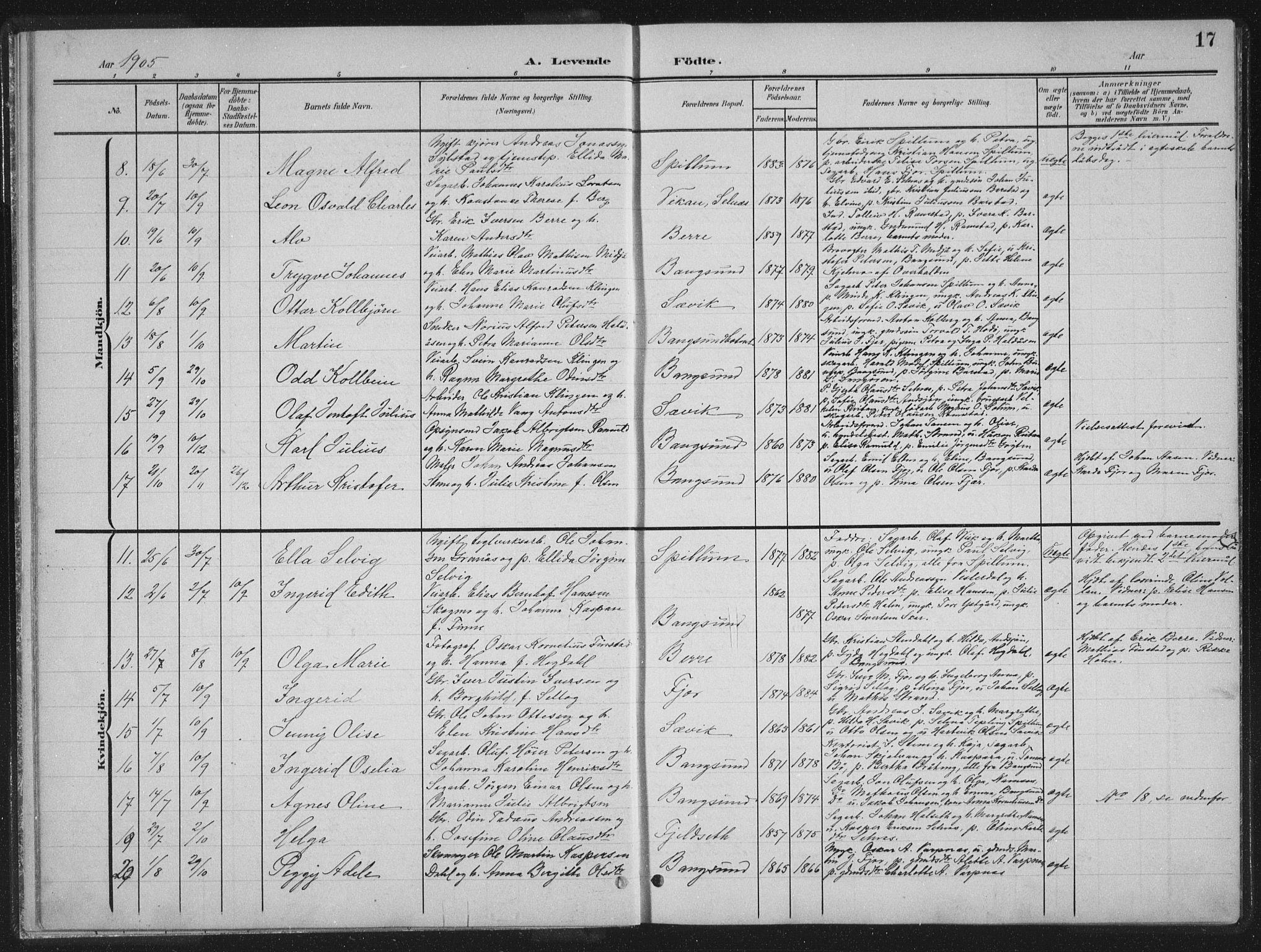 Ministerialprotokoller, klokkerbøker og fødselsregistre - Nord-Trøndelag, AV/SAT-A-1458/770/L0591: Parish register (copy) no. 770C02, 1902-1940, p. 17