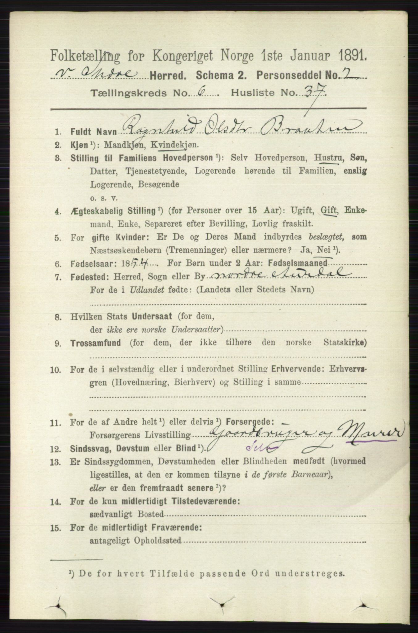 RA, 1891 census for 0543 Vestre Slidre, 1891, p. 2289