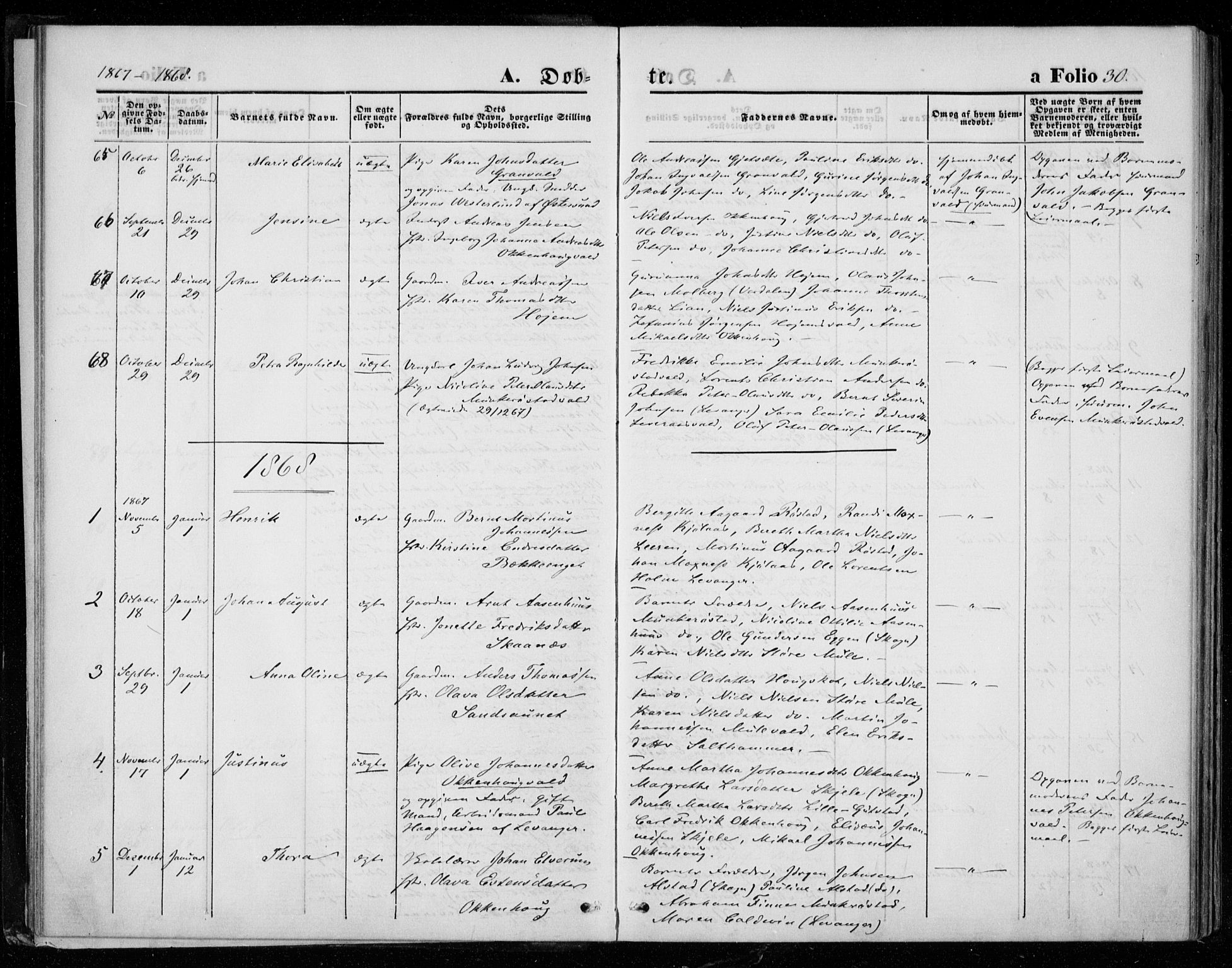 Ministerialprotokoller, klokkerbøker og fødselsregistre - Nord-Trøndelag, AV/SAT-A-1458/721/L0206: Parish register (official) no. 721A01, 1864-1874, p. 30