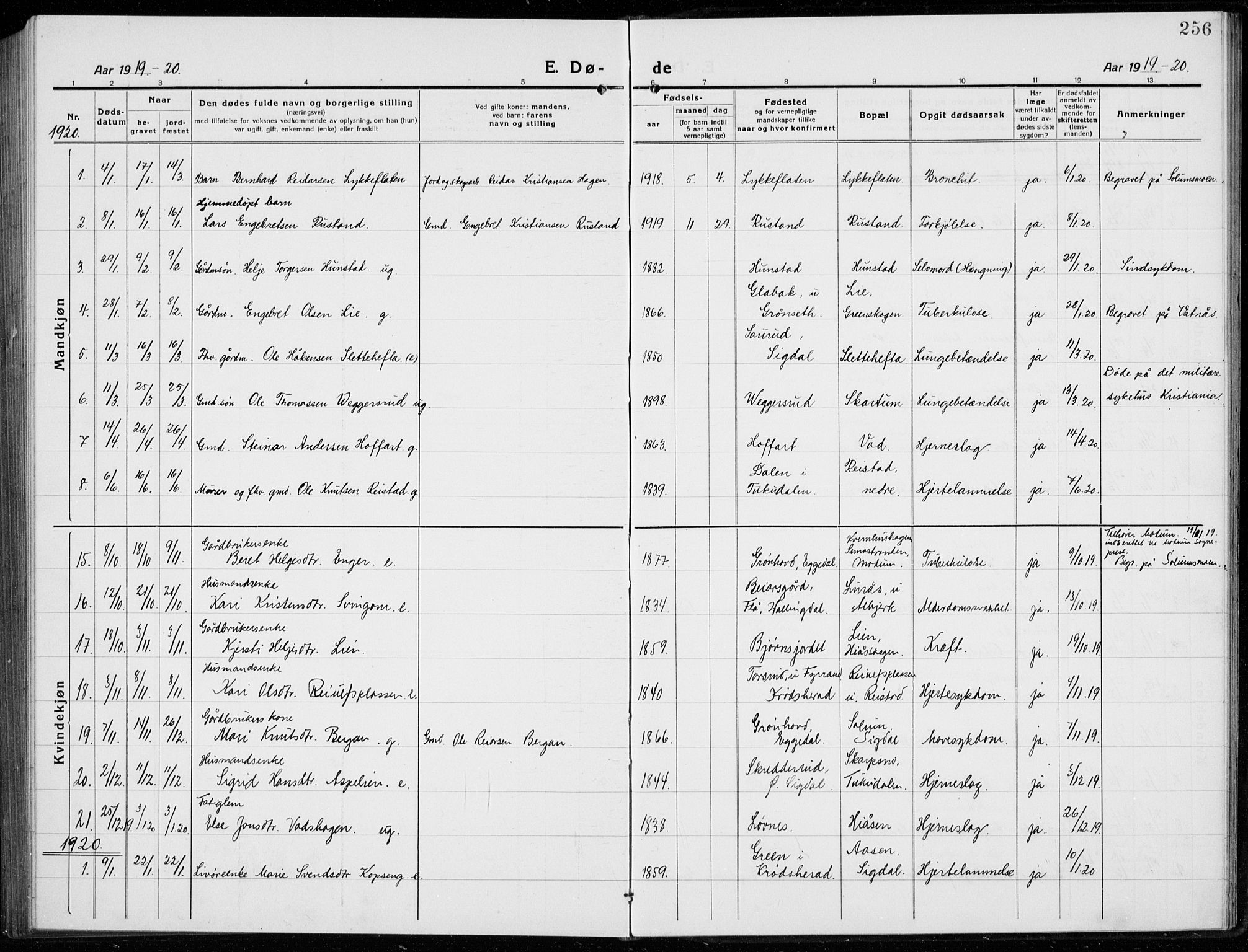 Sigdal kirkebøker, SAKO/A-245/G/Ga/L0007: Parish register (copy) no. I 7, 1917-1935, p. 256