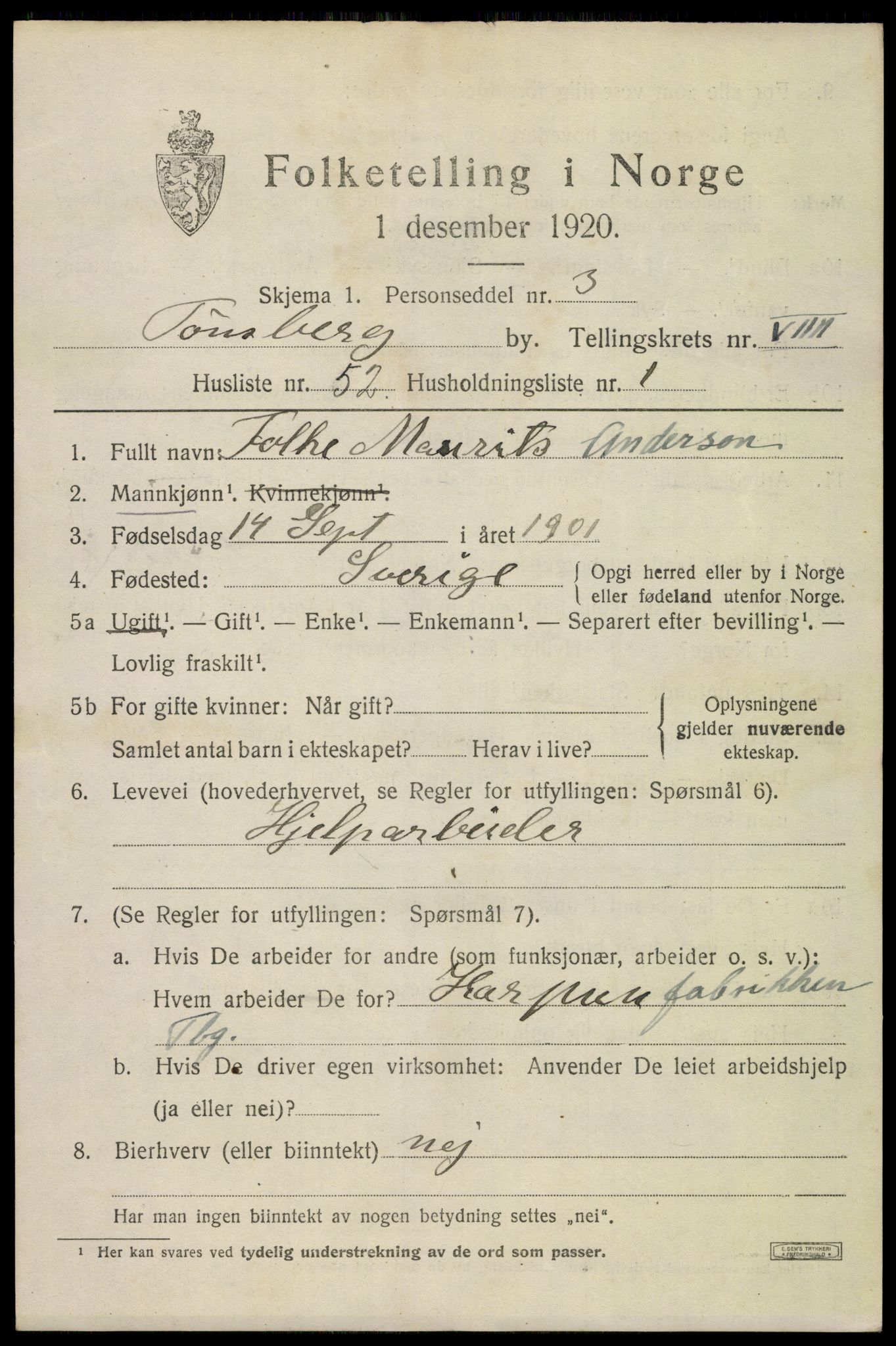 SAKO, 1920 census for Tønsberg, 1920, p. 18185