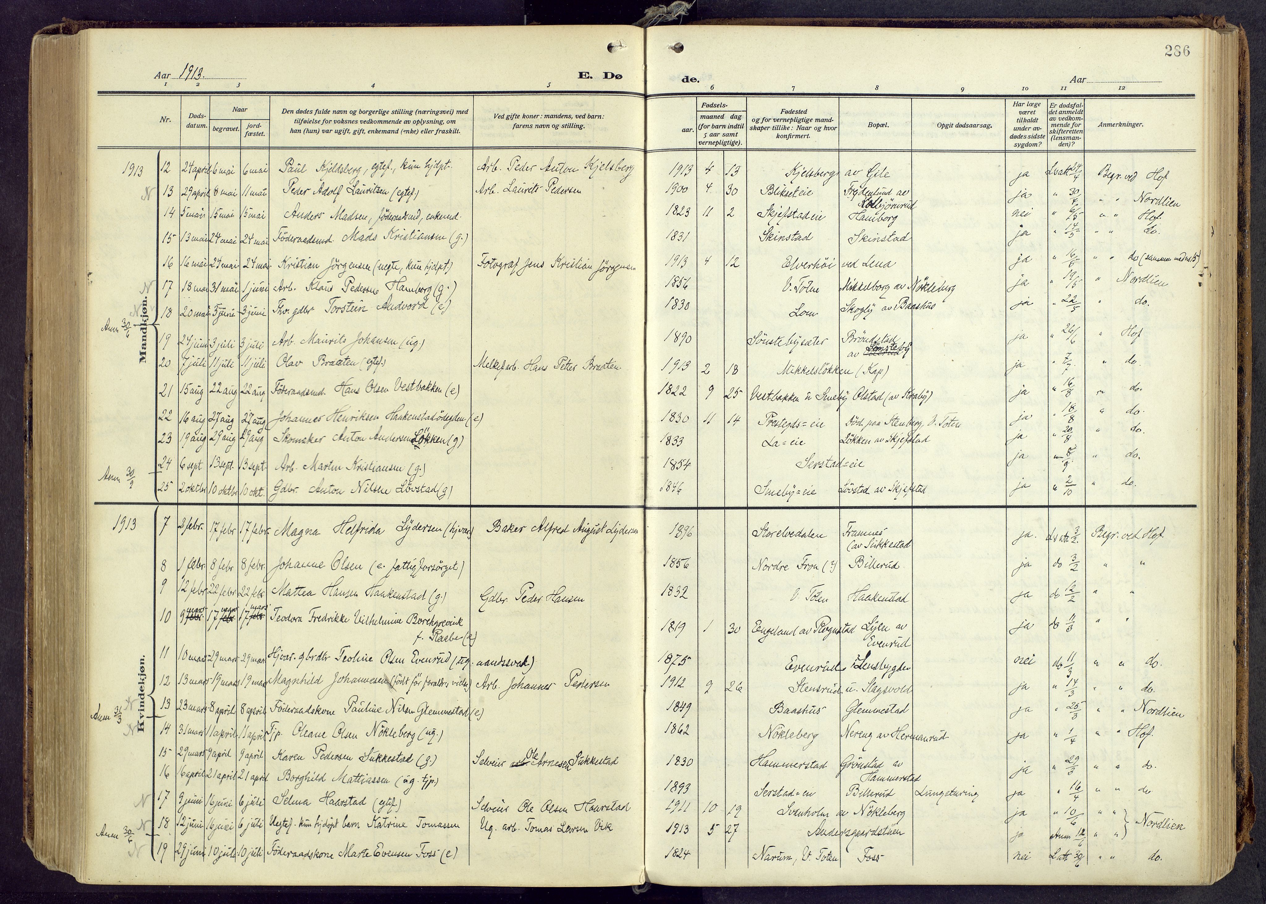 Østre Toten prestekontor, AV/SAH-PREST-104/H/Ha/Haa/L0010: Parish register (official) no. 10, 1910-1920, p. 286