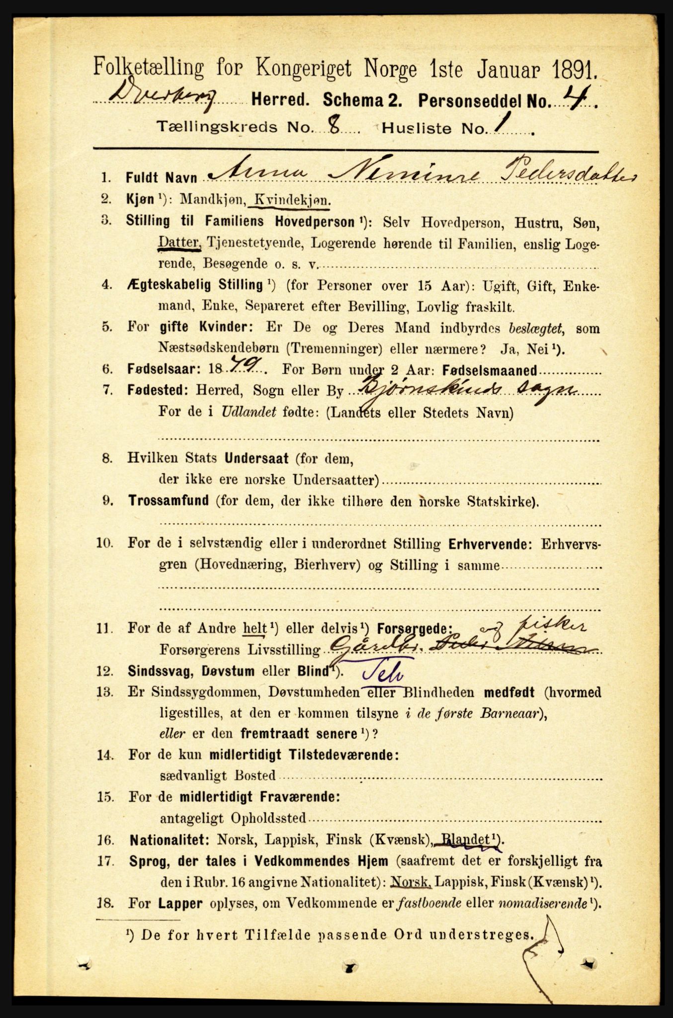 RA, 1891 census for 1872 Dverberg, 1891, p. 3113