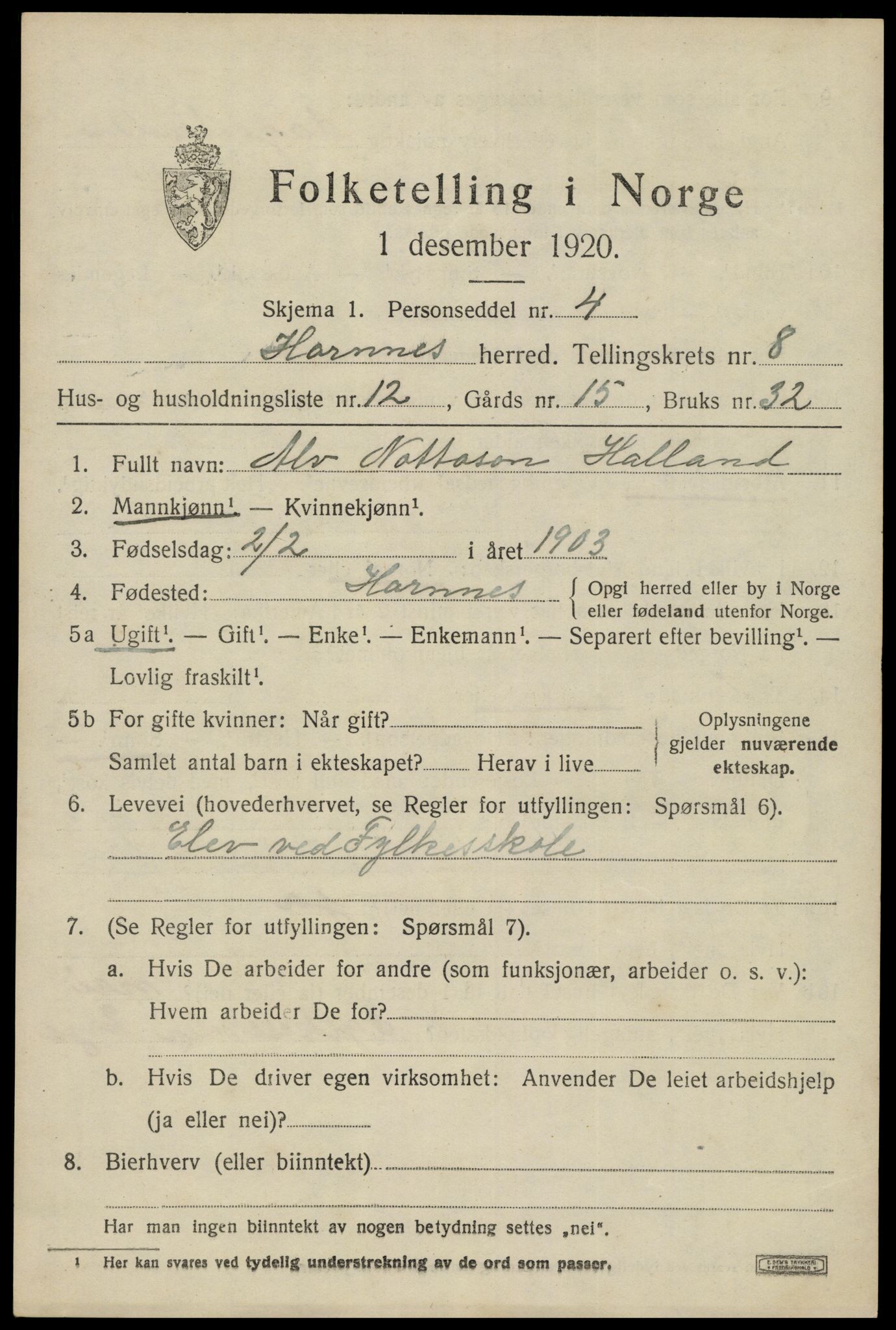 SAK, 1920 census for Hornnes, 1920, p. 2003