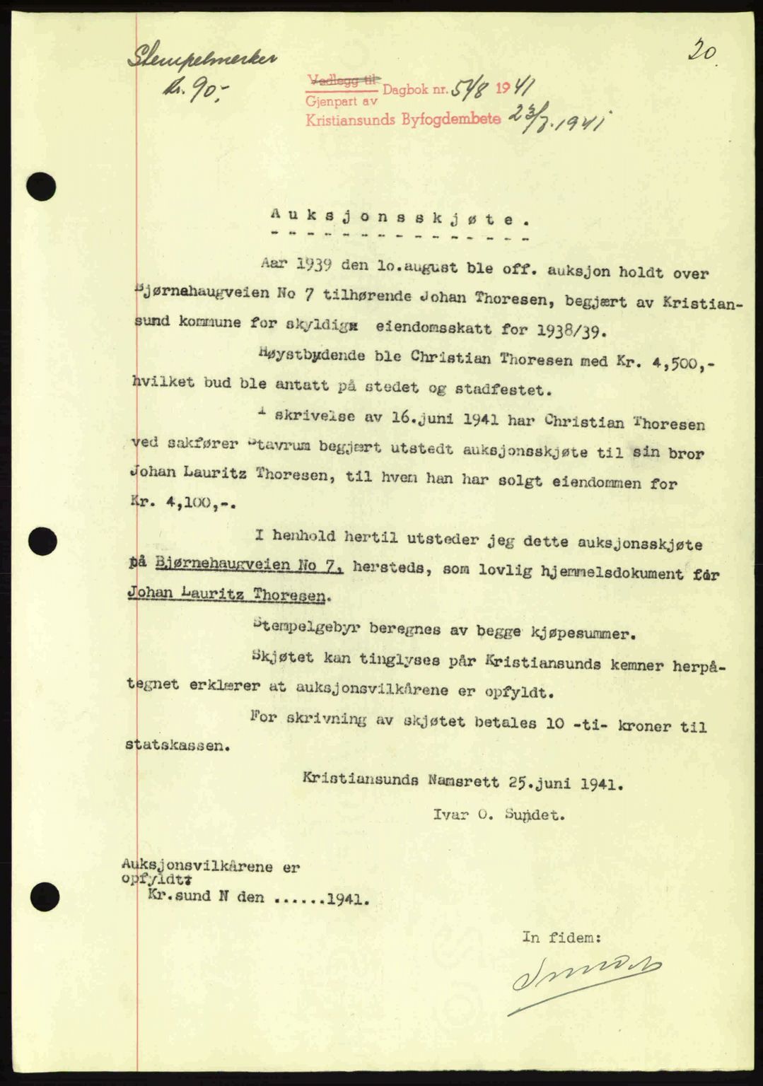 Kristiansund byfogd, AV/SAT-A-4587/A/27: Mortgage book no. 34, 1941-1945, Diary no: : 548/1941