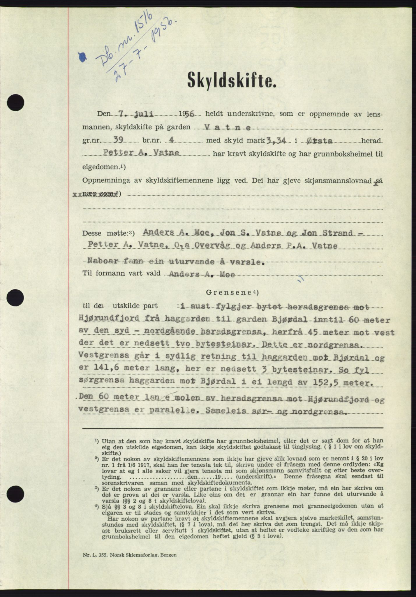 Søre Sunnmøre sorenskriveri, AV/SAT-A-4122/1/2/2C/L0104: Mortgage book no. 30A, 1956-1956, Diary no: : 1516/1956