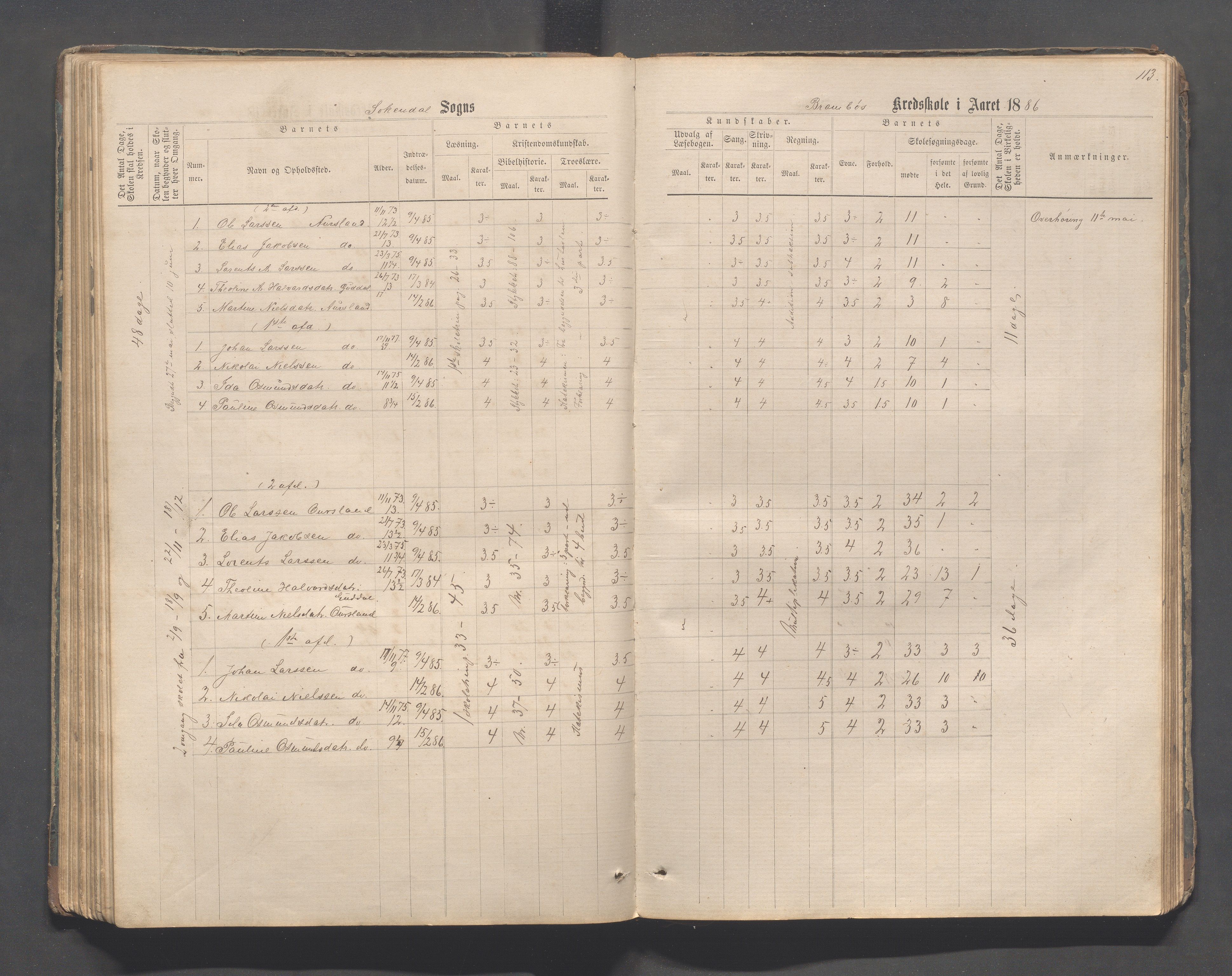 Sokndal kommune- Skolestyret/Skolekontoret, IKAR/K-101142/H/L0011: Skoleprotokoll - Mydland, Årrestad, Årsvoll, Gyland, Brambo, Skogestad, 1873-1908, p. 113