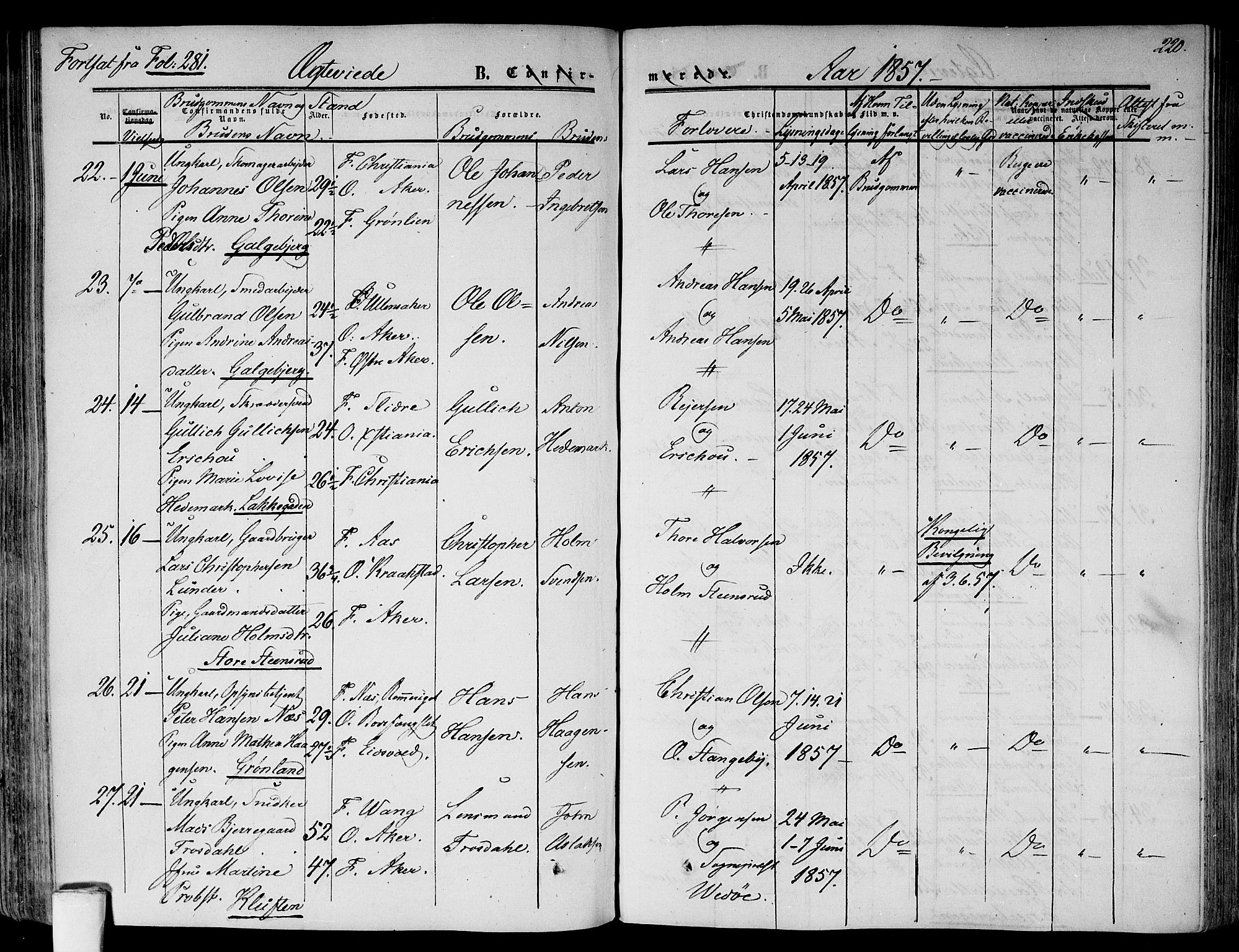 Gamlebyen prestekontor Kirkebøker, AV/SAO-A-10884/F/Fa/L0004: Parish register (official) no. 4, 1850-1857, p. 220