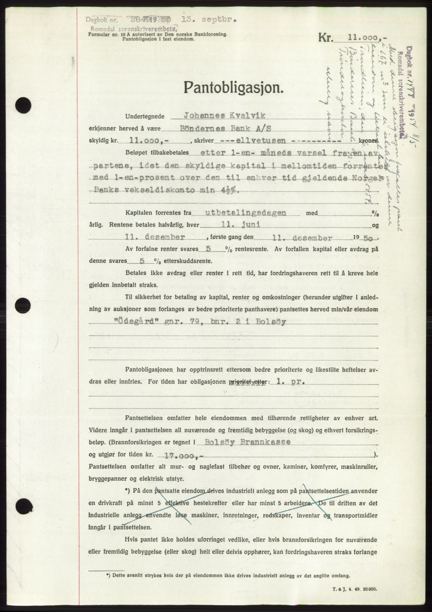 Romsdal sorenskriveri, AV/SAT-A-4149/1/2/2C: Mortgage book no. B5, 1949-1950, Diary no: : 2849/1950