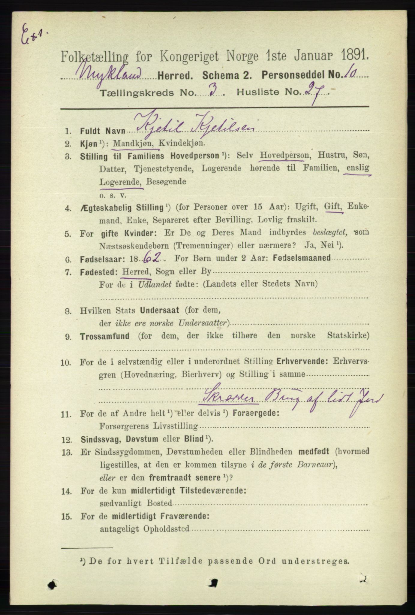 RA, Census 1891 for Nedenes amt: Gjenparter av personsedler for beslektede ektefeller, menn, 1891, p. 409