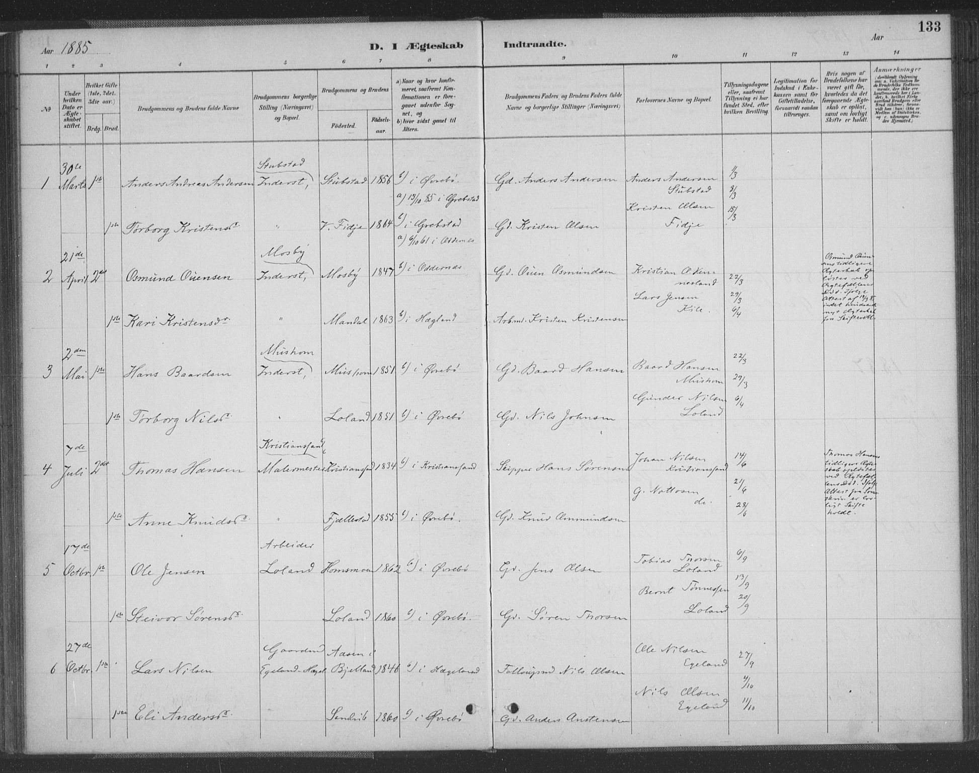 Vennesla sokneprestkontor, SAK/1111-0045/Fa/Fac/L0009: Parish register (official) no. A 9, 1884-1901, p. 133