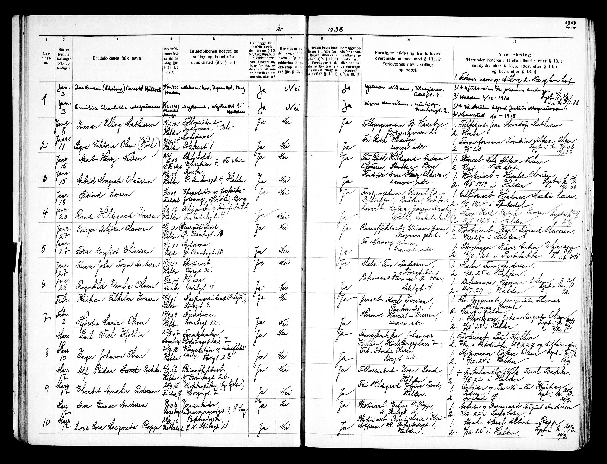 Halden prestekontor Kirkebøker, SAO/A-10909/H/Ha/L0002: Banns register no. I 2, 1935-1949, p. 22