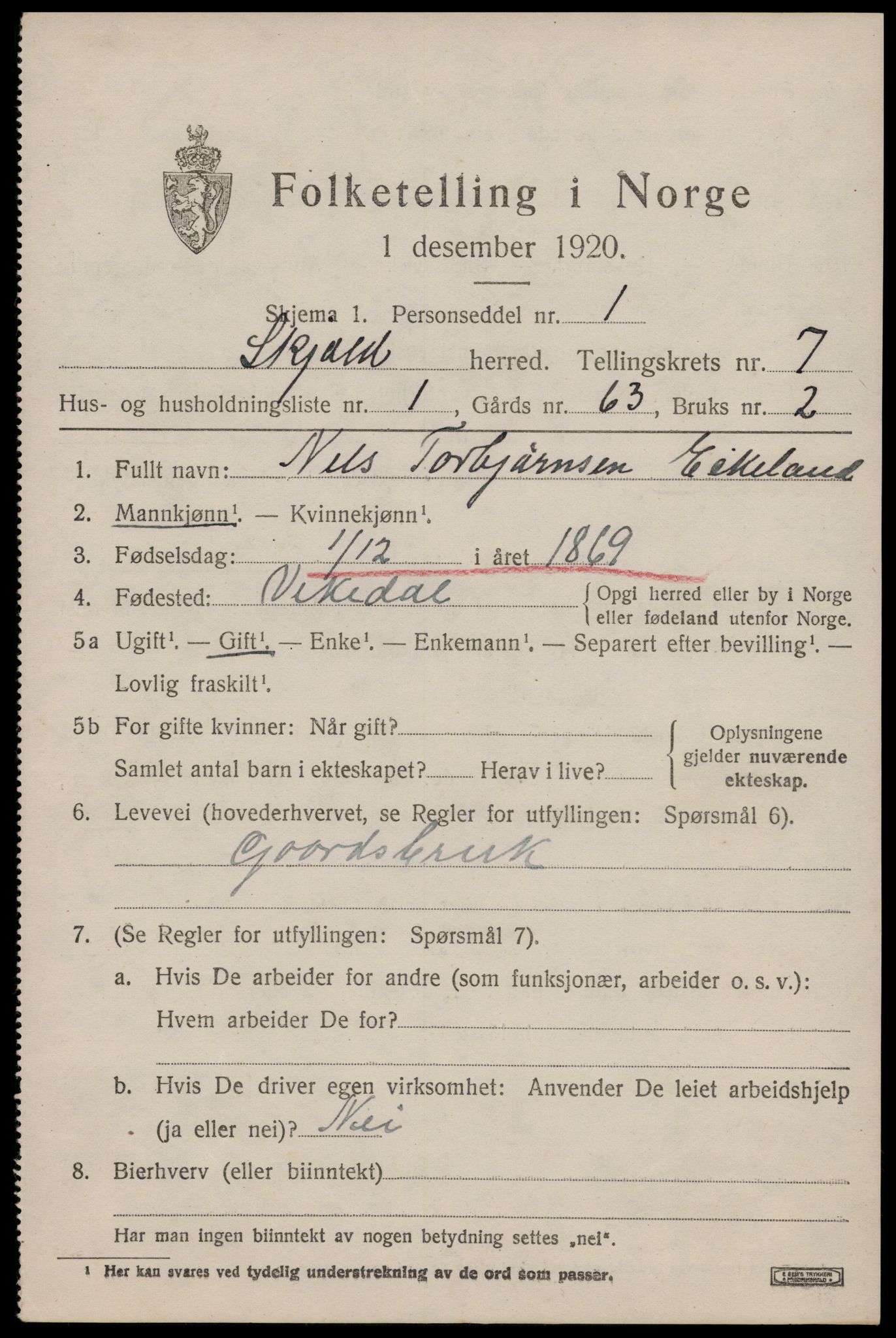 SAST, 1920 census for Skjold, 1920, p. 3888