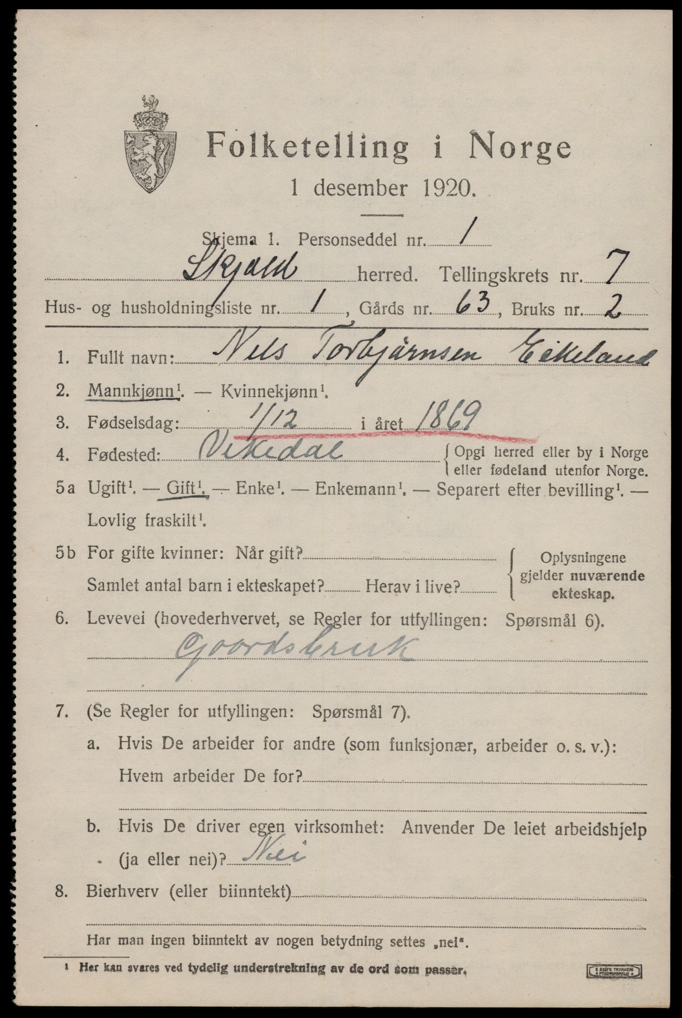 SAST, 1920 census for Skjold, 1920, p. 3888