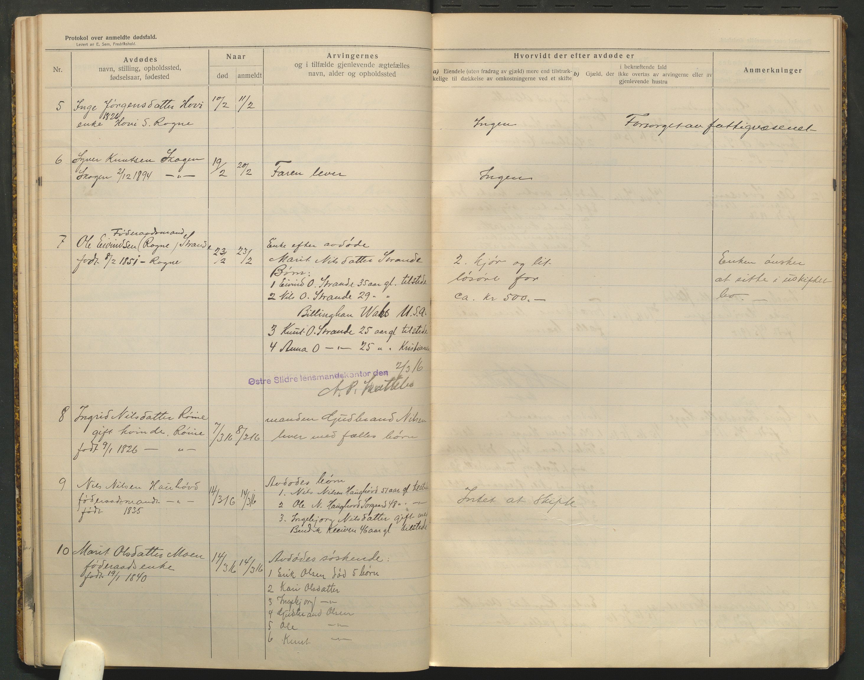 Øystre Slidre lensmannskontor, AV/SAH-LOØ-018/H/Ha/Haa/L0001/0002: Dødsfallsprotokoller / Dødsfallsprotokoll, 1911-1919