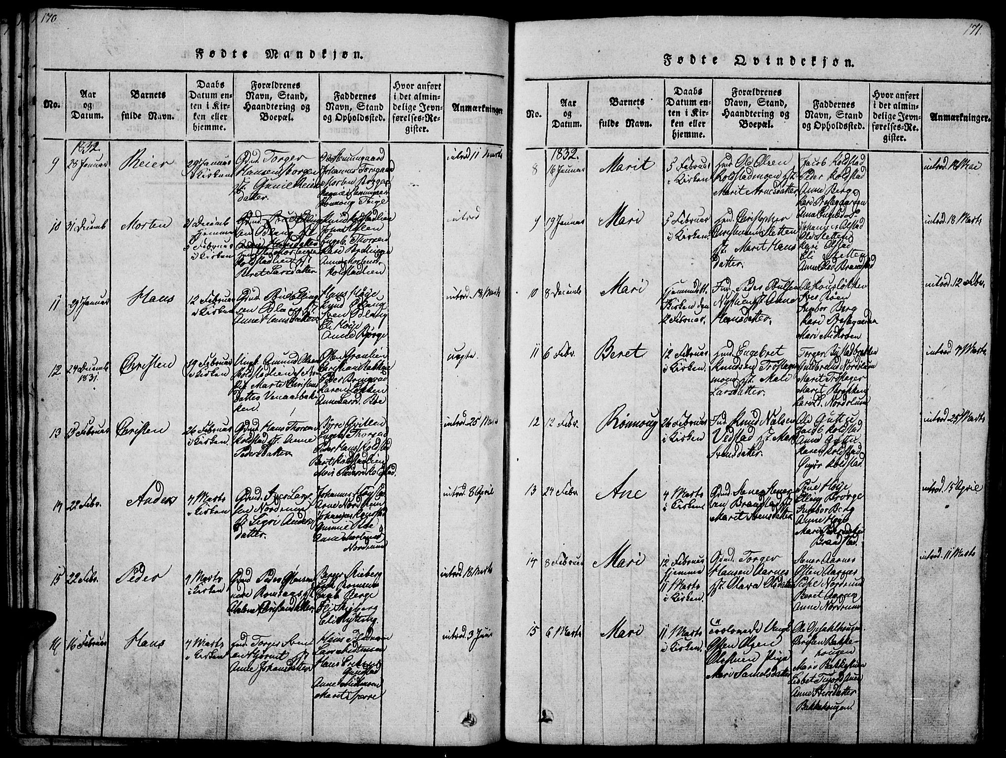 Ringebu prestekontor, SAH/PREST-082/H/Ha/Haa/L0004: Parish register (official) no. 4, 1821-1839, p. 170-171