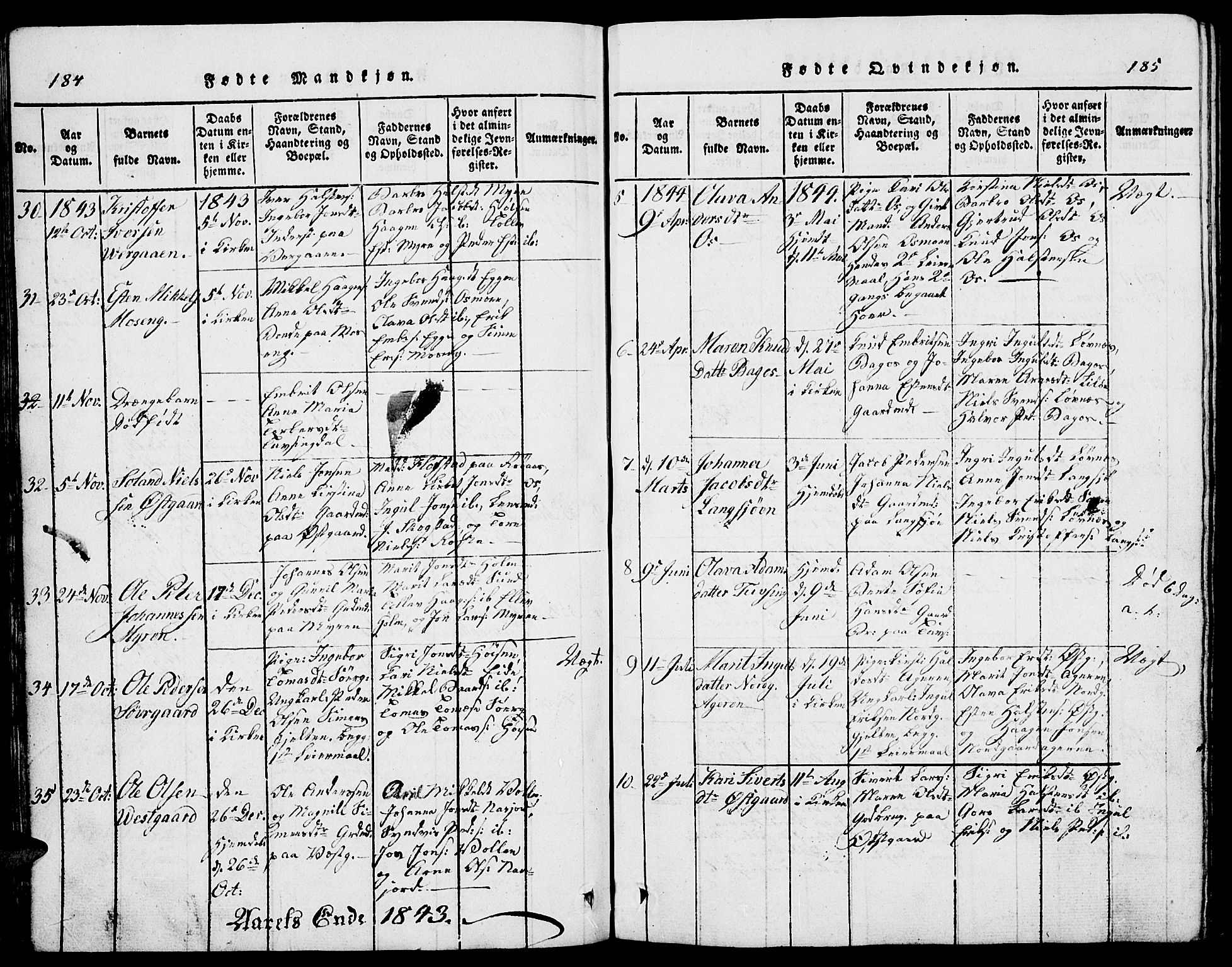 Tolga prestekontor, AV/SAH-PREST-062/L/L0002: Parish register (copy) no. 2, 1815-1844, p. 184-185