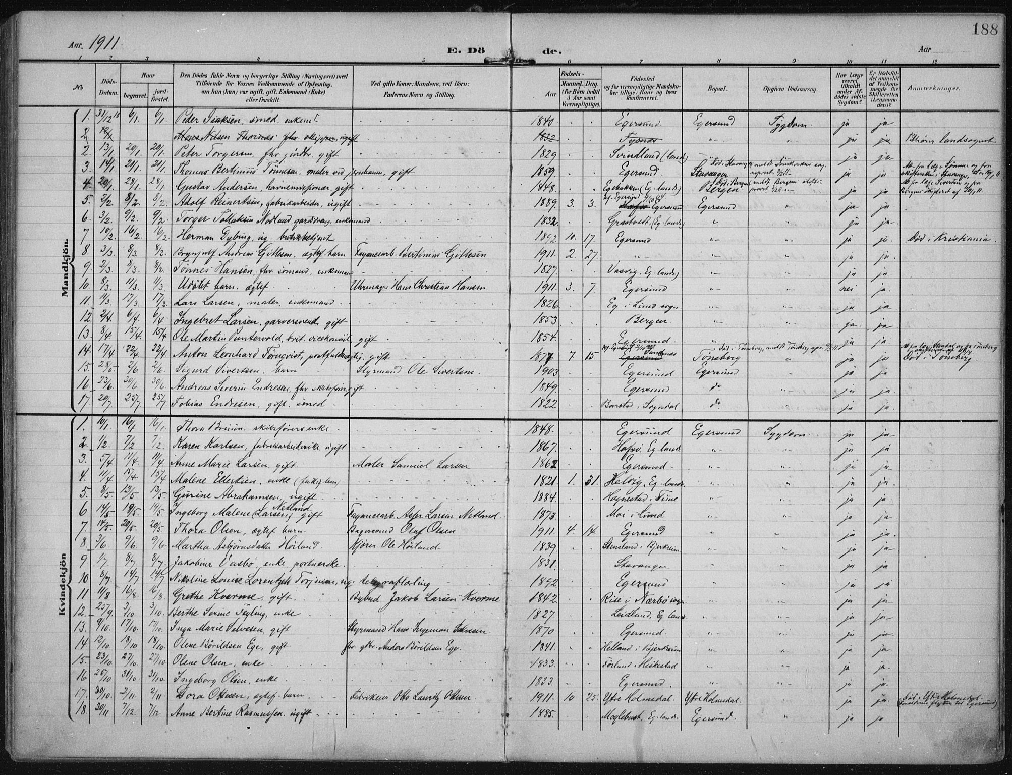 Eigersund sokneprestkontor, SAST/A-101807/S08/L0022: Parish register (official) no. A 21, 1905-1928, p. 188