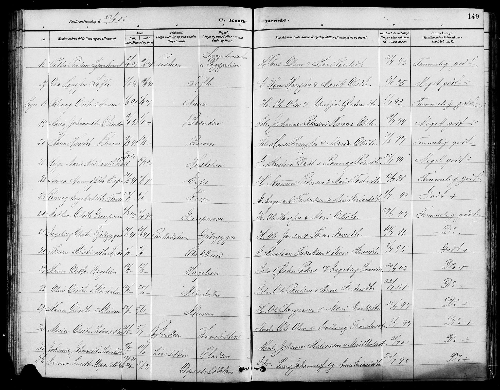 Nord-Fron prestekontor, SAH/PREST-080/H/Ha/Hab/L0005: Parish register (copy) no. 5, 1884-1914, p. 149