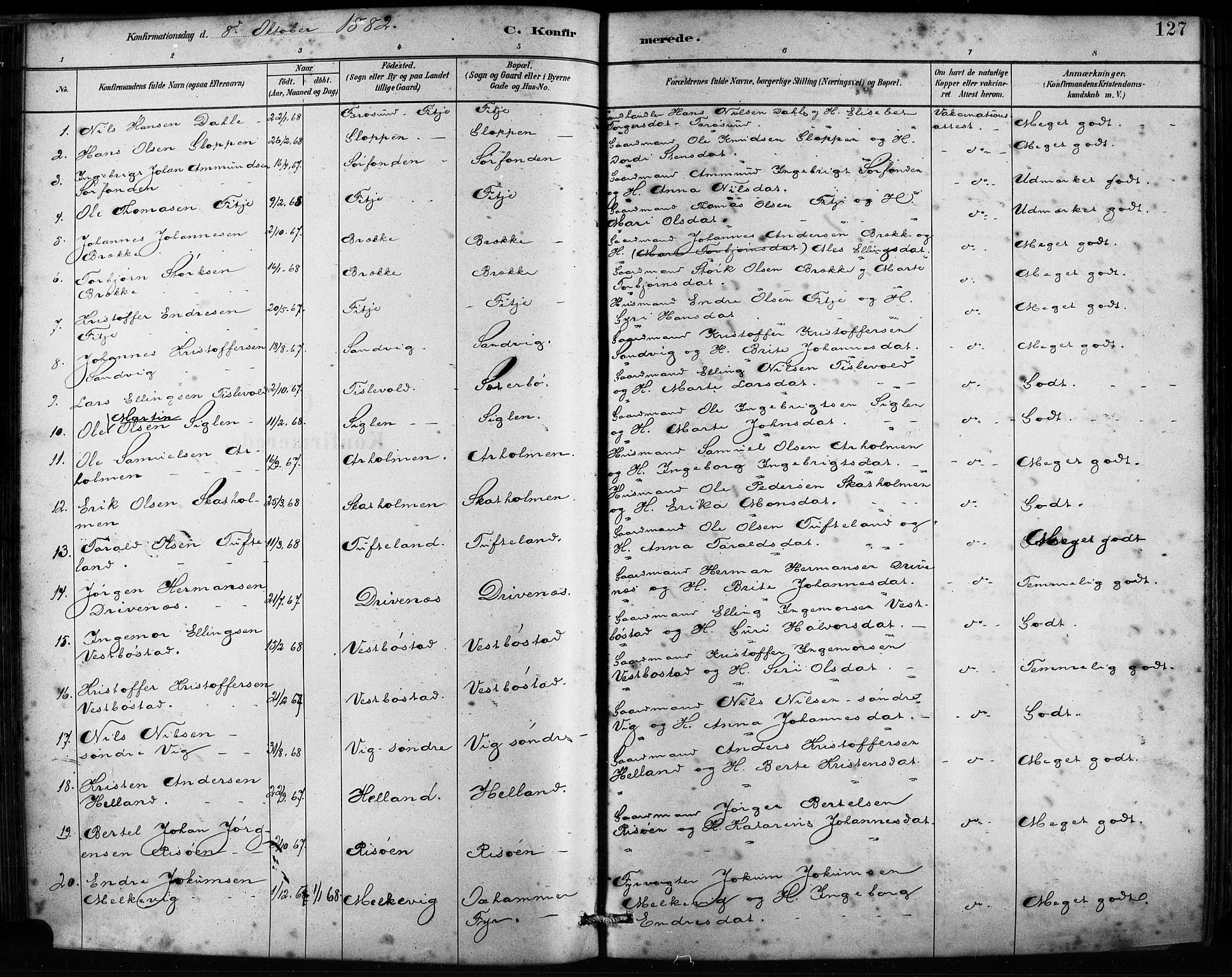 Fitjar sokneprestembete, SAB/A-99926: Parish register (official) no. A 2, 1882-1899, p. 127