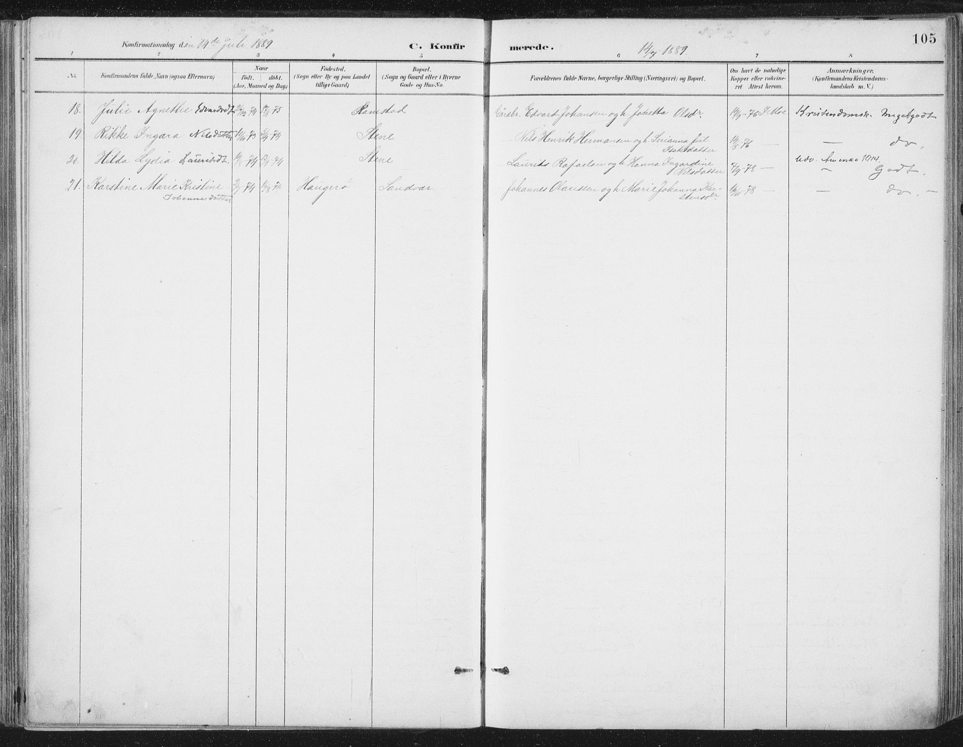 Ministerialprotokoller, klokkerbøker og fødselsregistre - Nord-Trøndelag, AV/SAT-A-1458/784/L0673: Parish register (official) no. 784A08, 1888-1899, p. 105