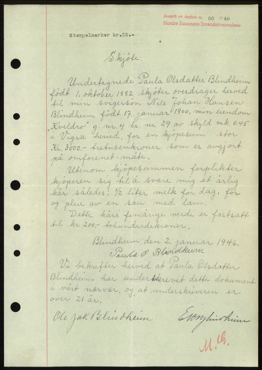 Nordre Sunnmøre sorenskriveri, AV/SAT-A-0006/1/2/2C/2Ca: Mortgage book no. A20b, 1946-1946, Diary no: : 80/1946